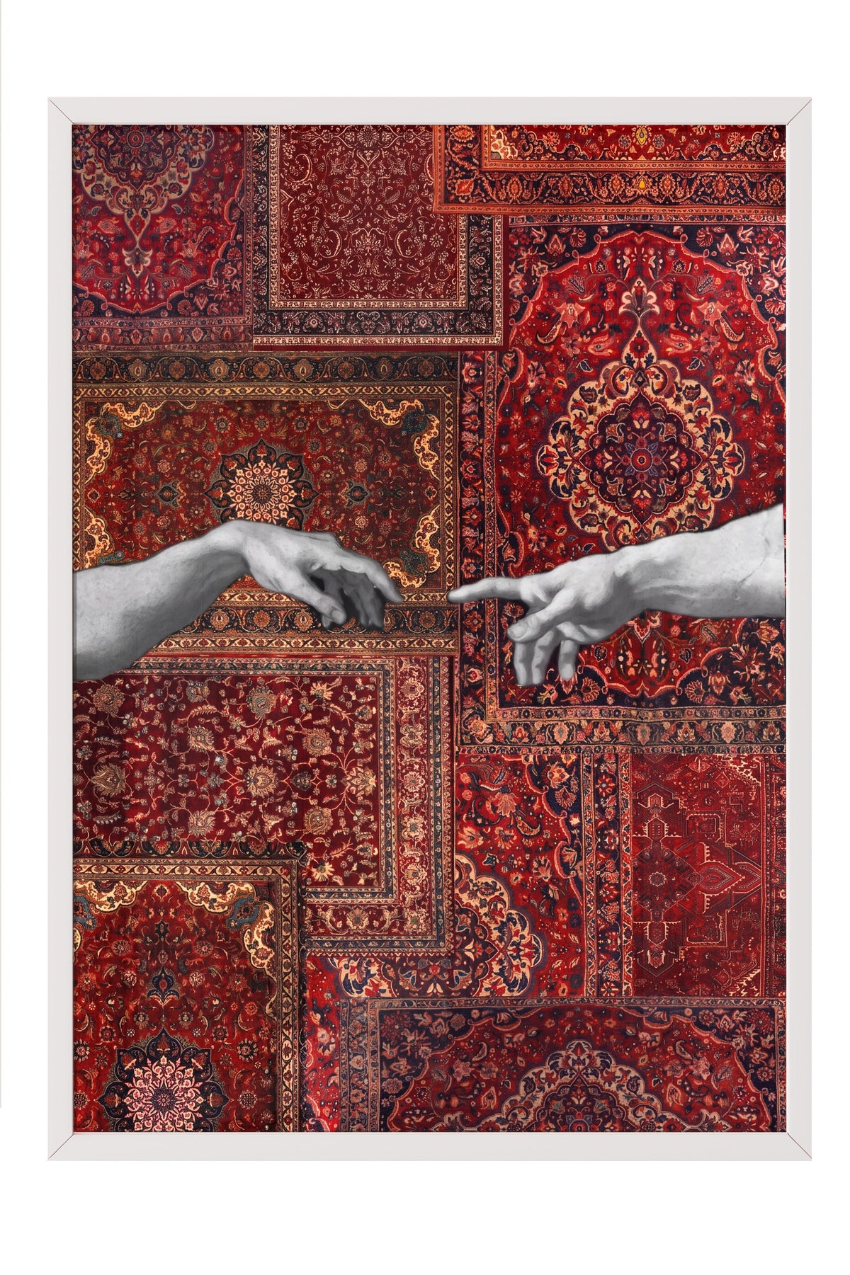 Halı Deseni Üzerinde Tanrı ve Adem Poster – Beyaz Çerçeveli Tablo
