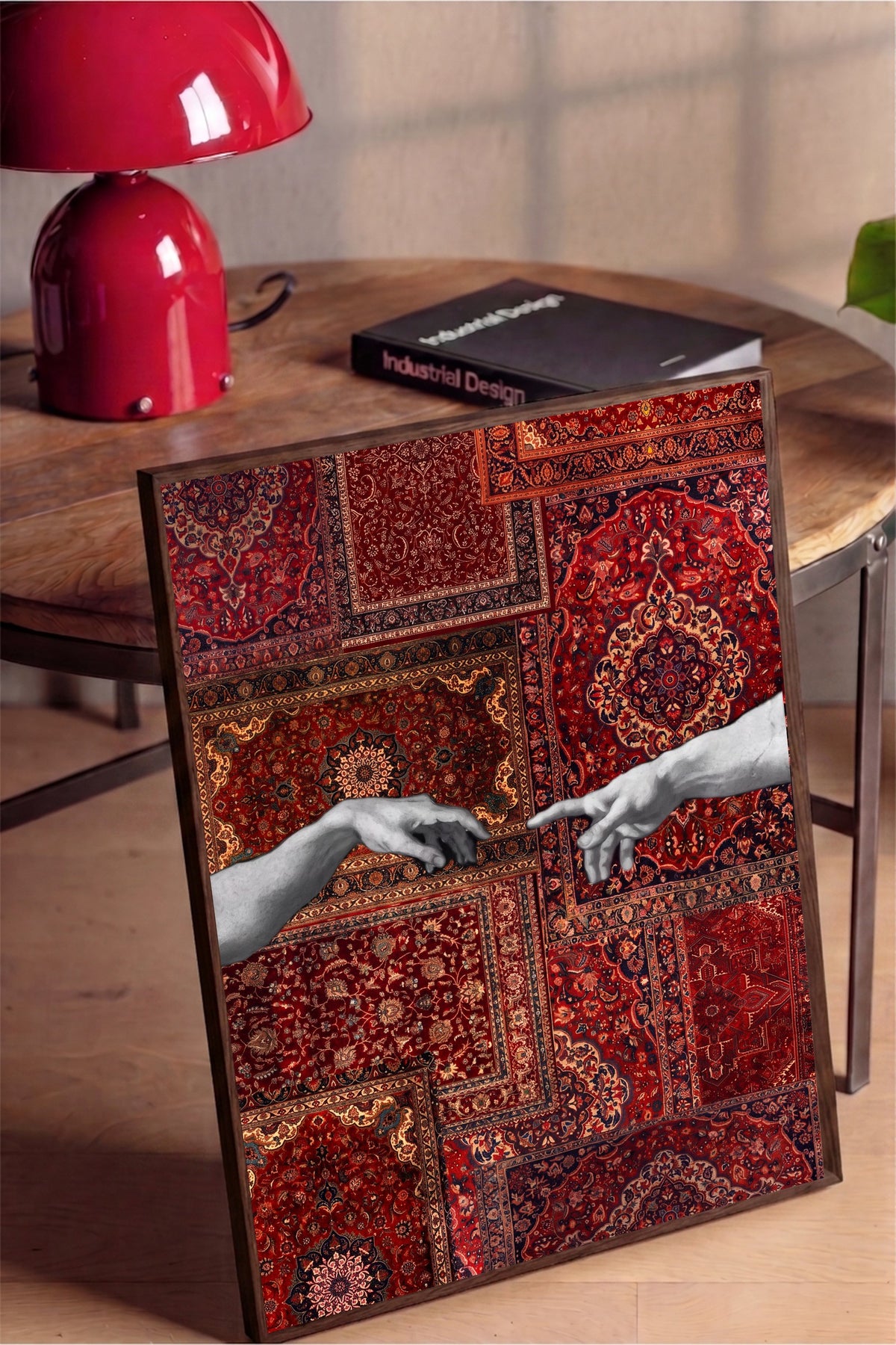 Halı Deseni Üzerinde Tanrı ve Adem Poster – Kahverengi Çerçeveli Tablo