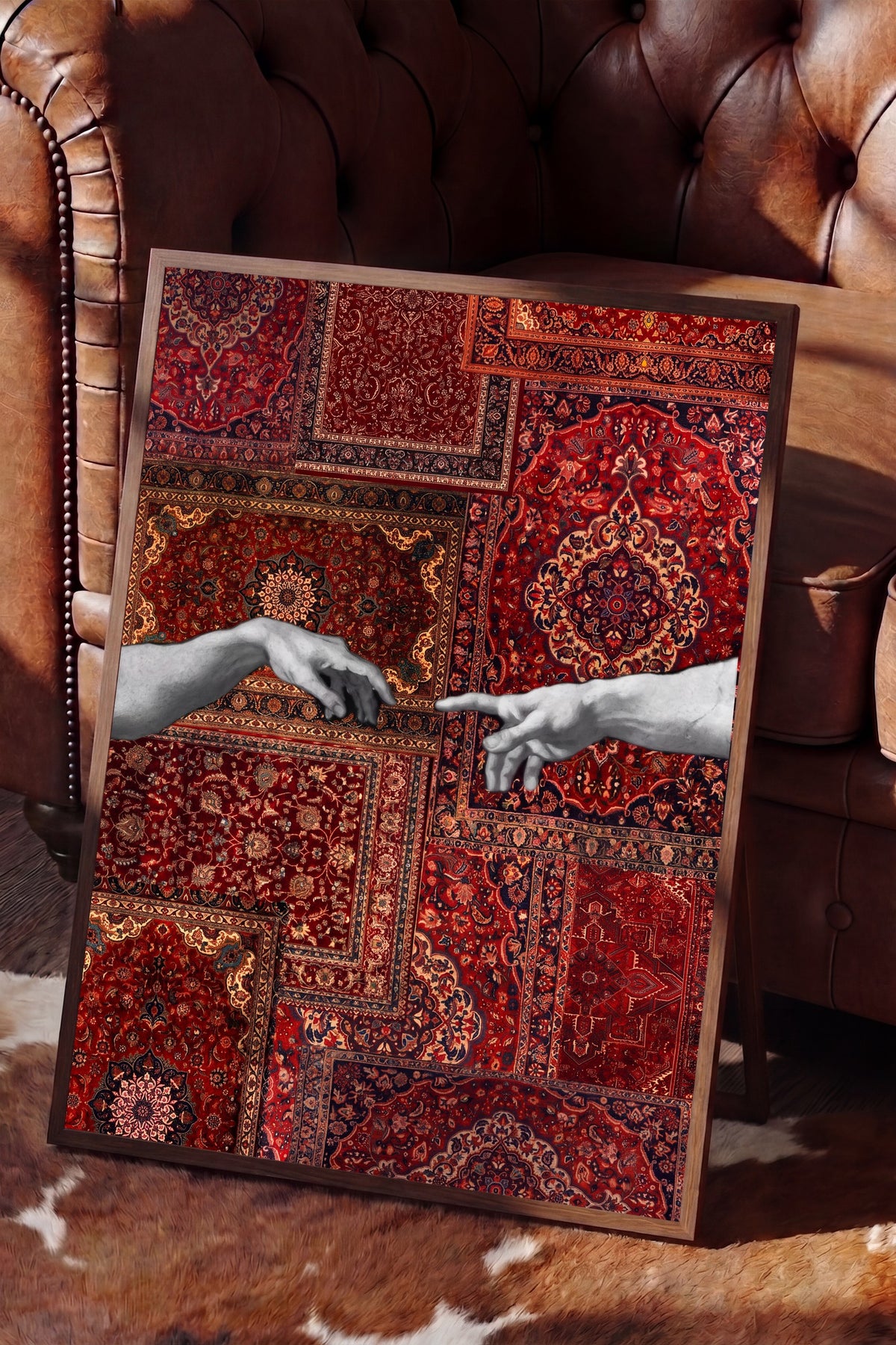 Halı Deseni Üzerinde Tanrı ve Adem Poster – Kahverengi Çerçeveli Tablo