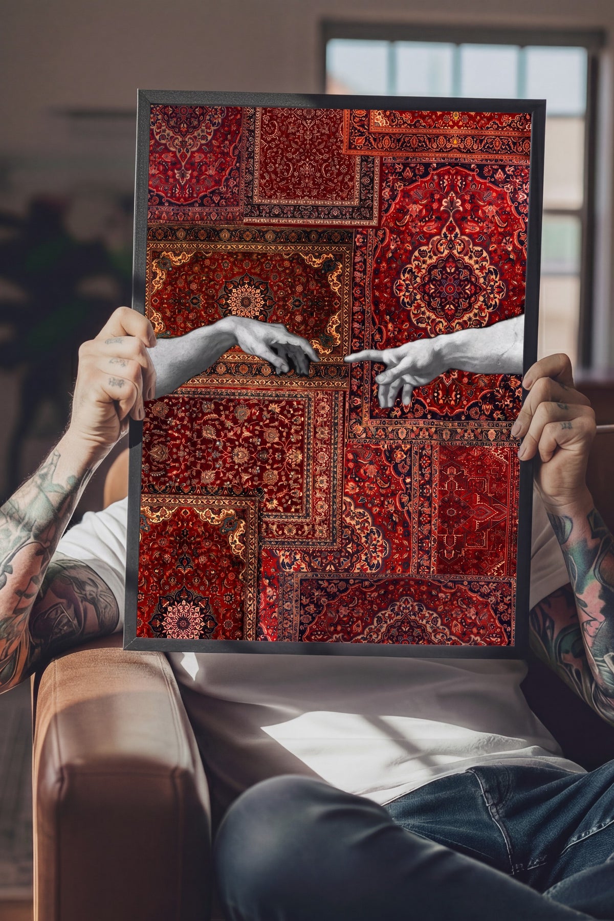 Halı Deseni Üzerinde Tanrı ve Adem Poster – Siyah Çerçeveli Tablo