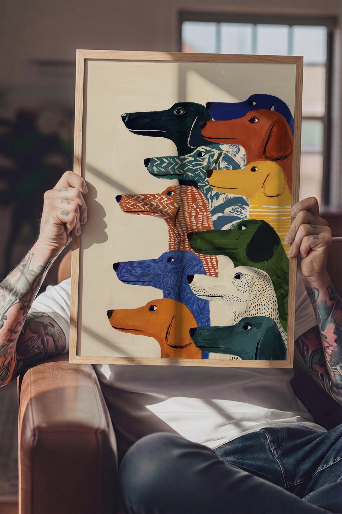 Renkli Köpek İllüstrasyonu Poster – Ahşap Çerçeveli Tablo