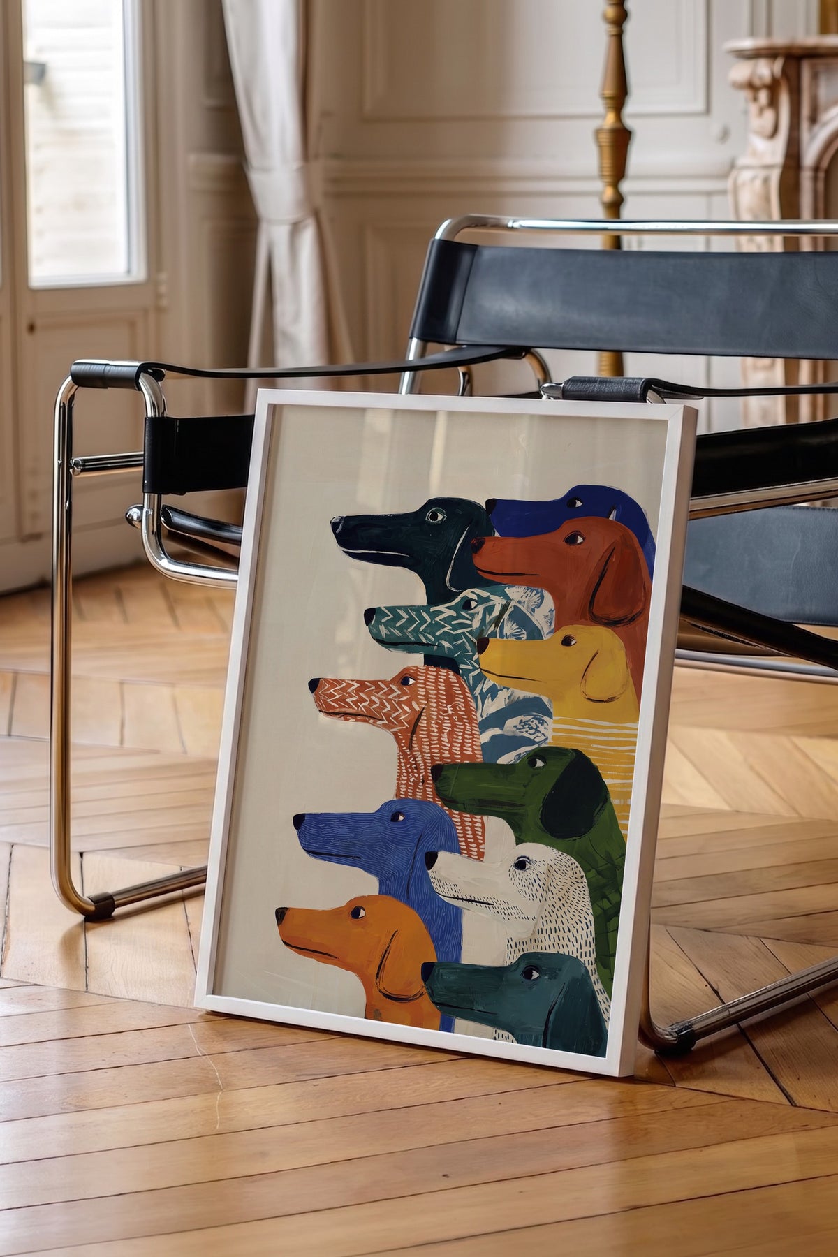 Renkli Köpek İllüstrasyonu Poster – Beyaz Çerçeveli Tablo