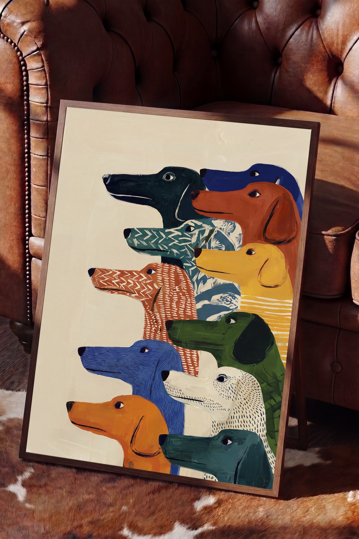 Renkli Köpek İllüstrasyonu Poster – Kahverengi Çerçeveli Tablo
