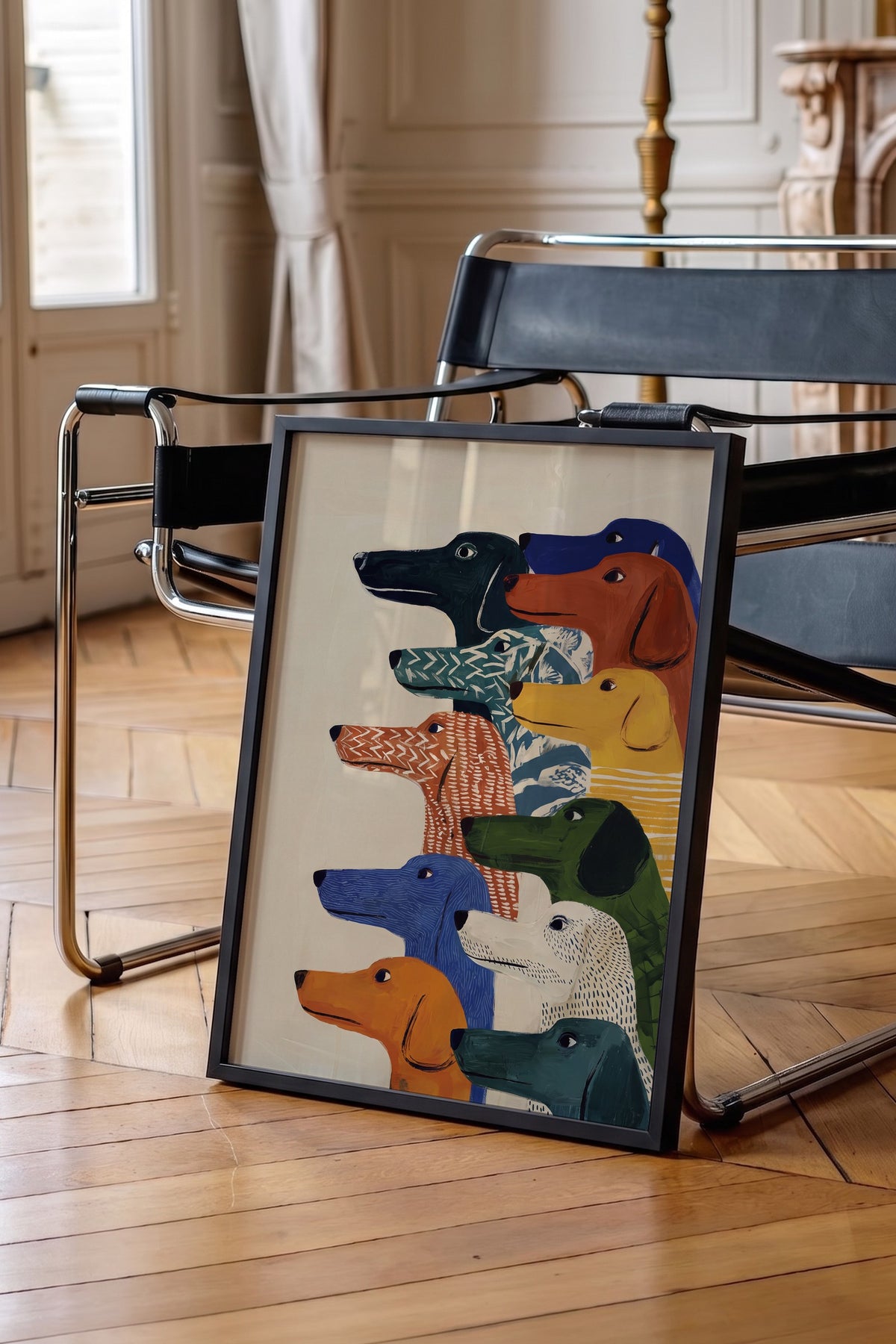 Renkli Köpek İllüstrasyonu Poster – Siyah Çerçeveli Tablo