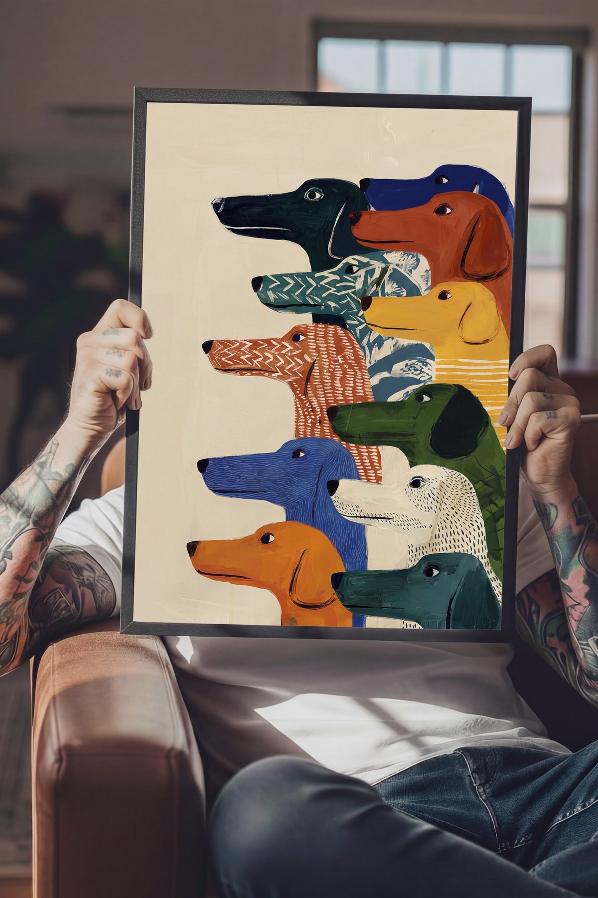 Renkli Köpek İllüstrasyonu Poster – Siyah Çerçeveli Tablo