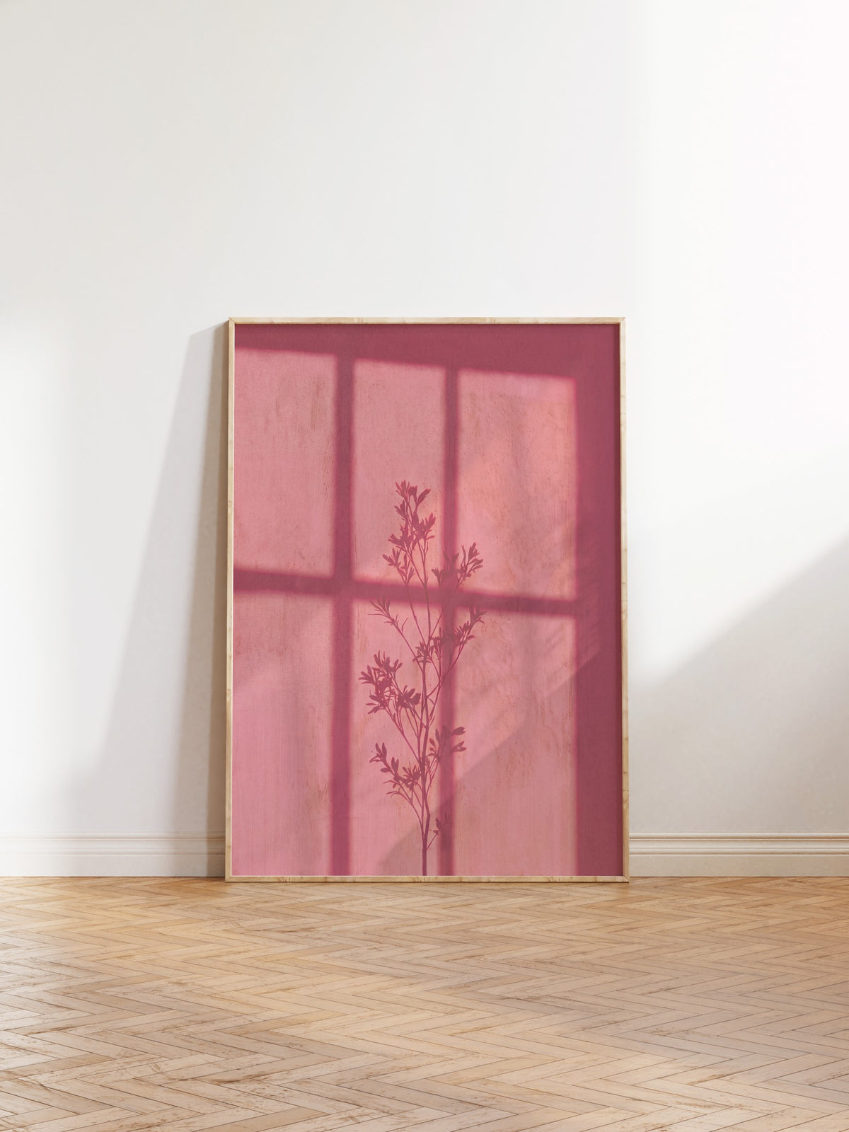 Pembe Gölgedeki Bitki Silüeti Poster – Ahşap Çerçeveli Tablo