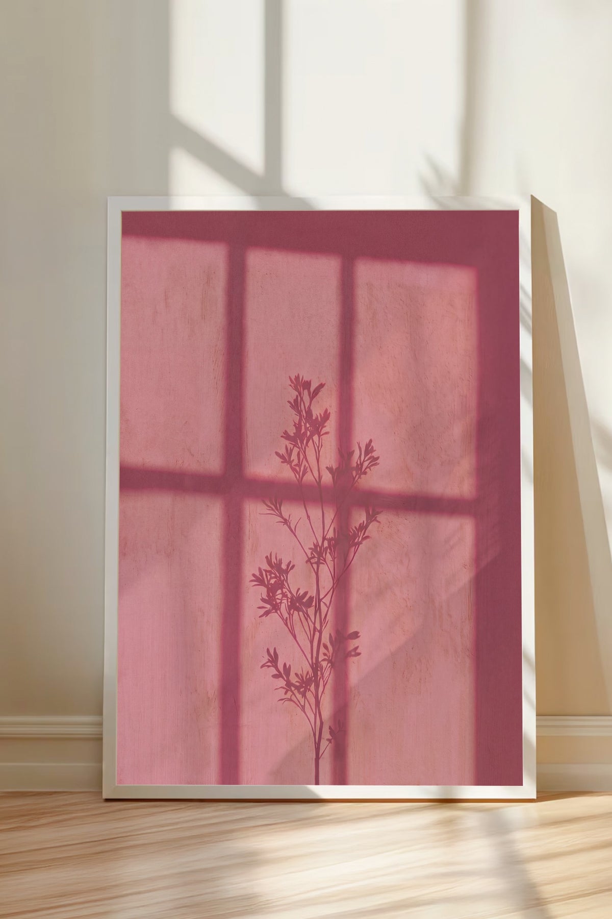 Pembe Gölgedeki Bitki Silüeti Poster – Beyaz Çerçeveli Tablo