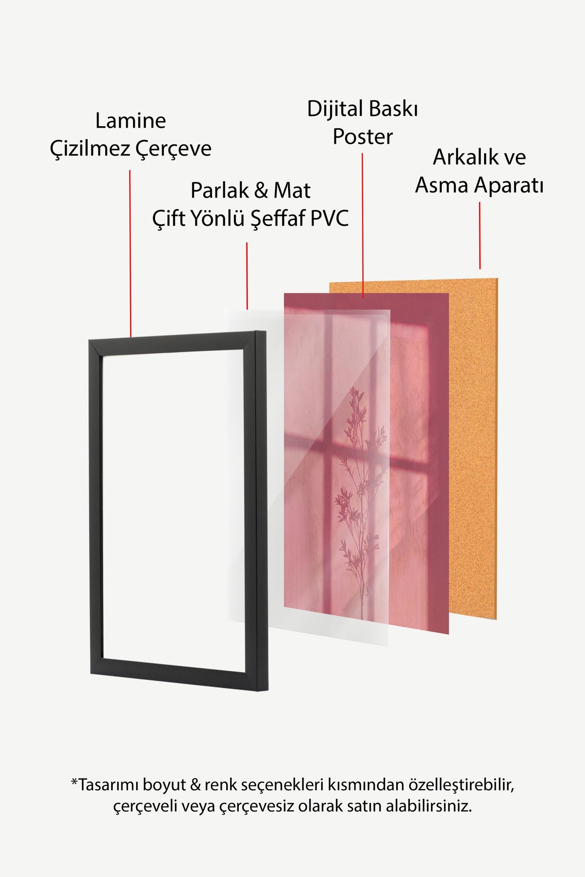 Pembe Gölgedeki Bitki Silüeti Poster – Siyah Çerçeveli Tablo
