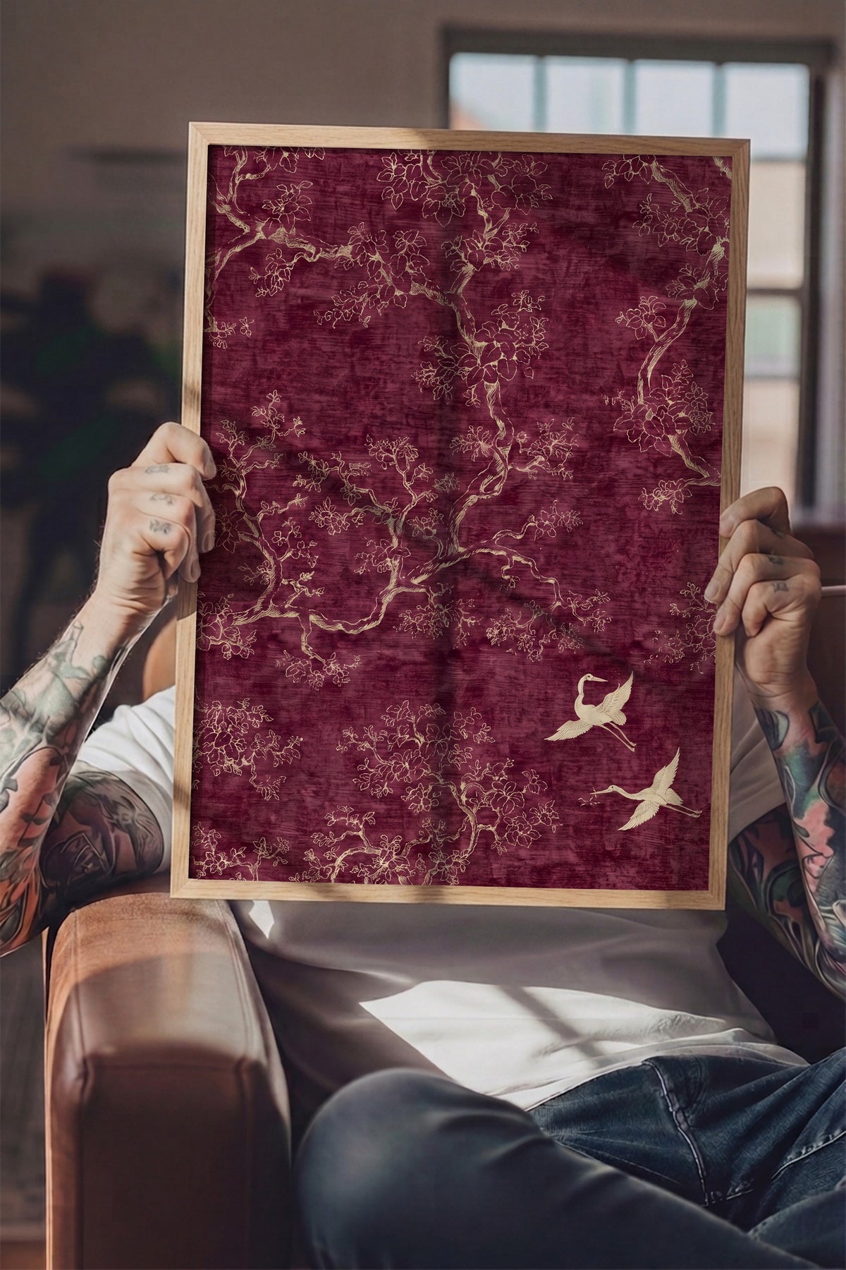 Doğa Motifli Kuş ve Ağaçlar Poster – Ahşap Çerçeveli Tablo
