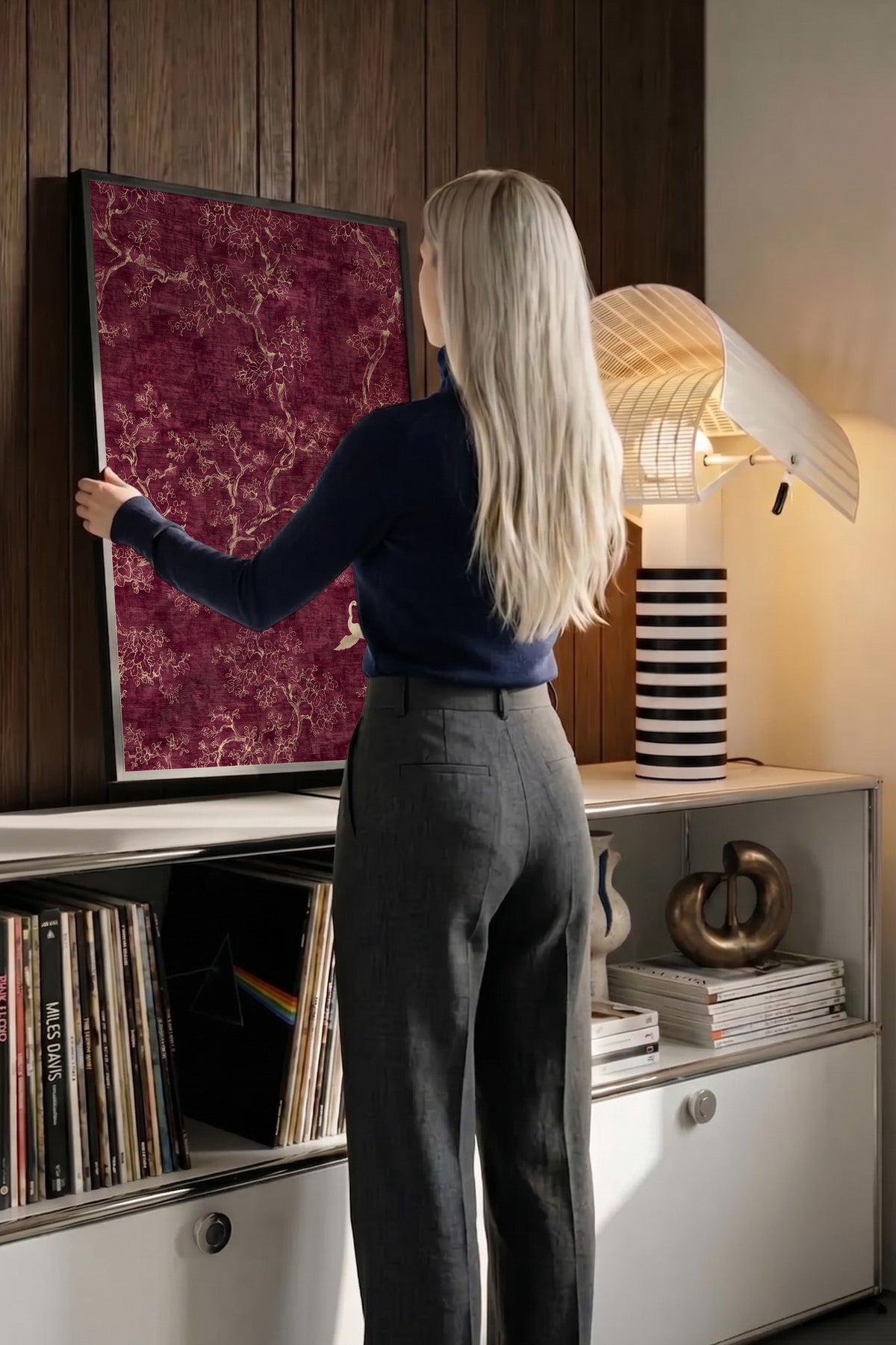 Doğa Motifli Kuş ve Ağaçlar Poster – Siyah Çerçeveli Tablo