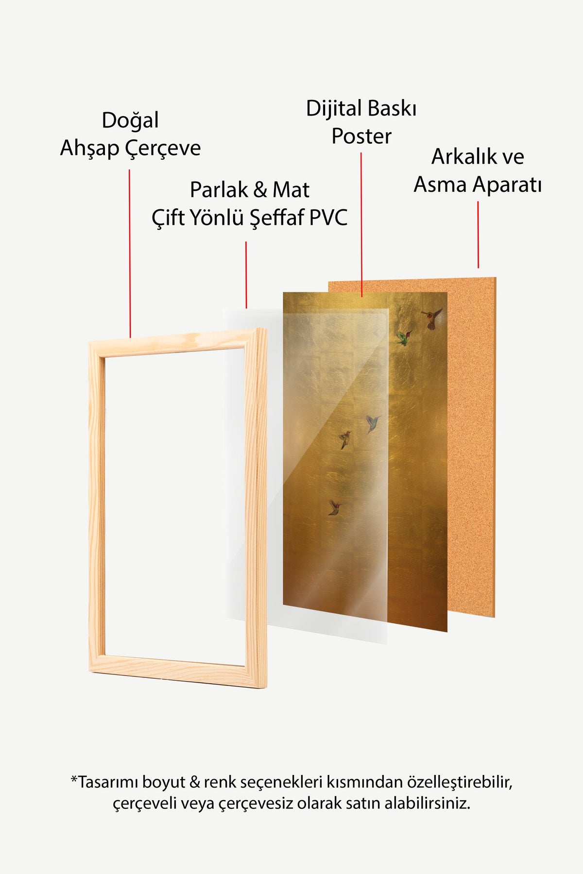Altın Zeminde Uçuşan Sinek Kuşları Poster – Ahşap Çerçeveli Tablo