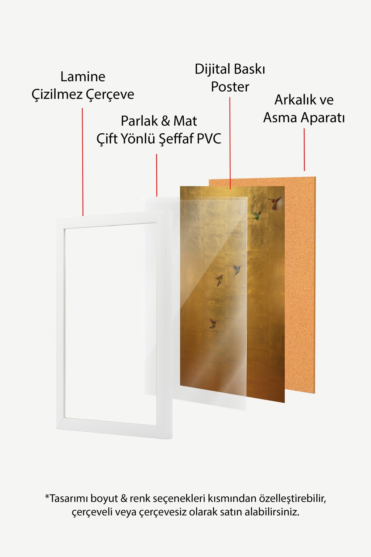 Altın Zeminde Uçuşan Sinek Kuşları Poster – Beyaz Çerçeveli Tablo