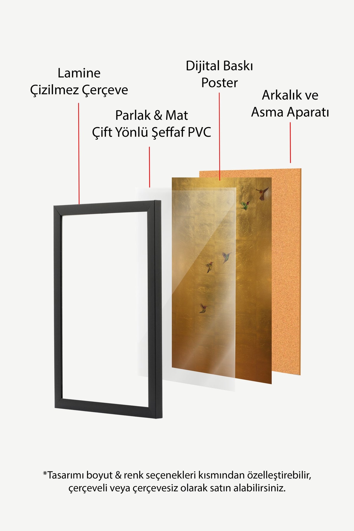 Altın Zeminde Uçuşan Sinek Kuşları Poster – Siyah Çerçeveli Tablo