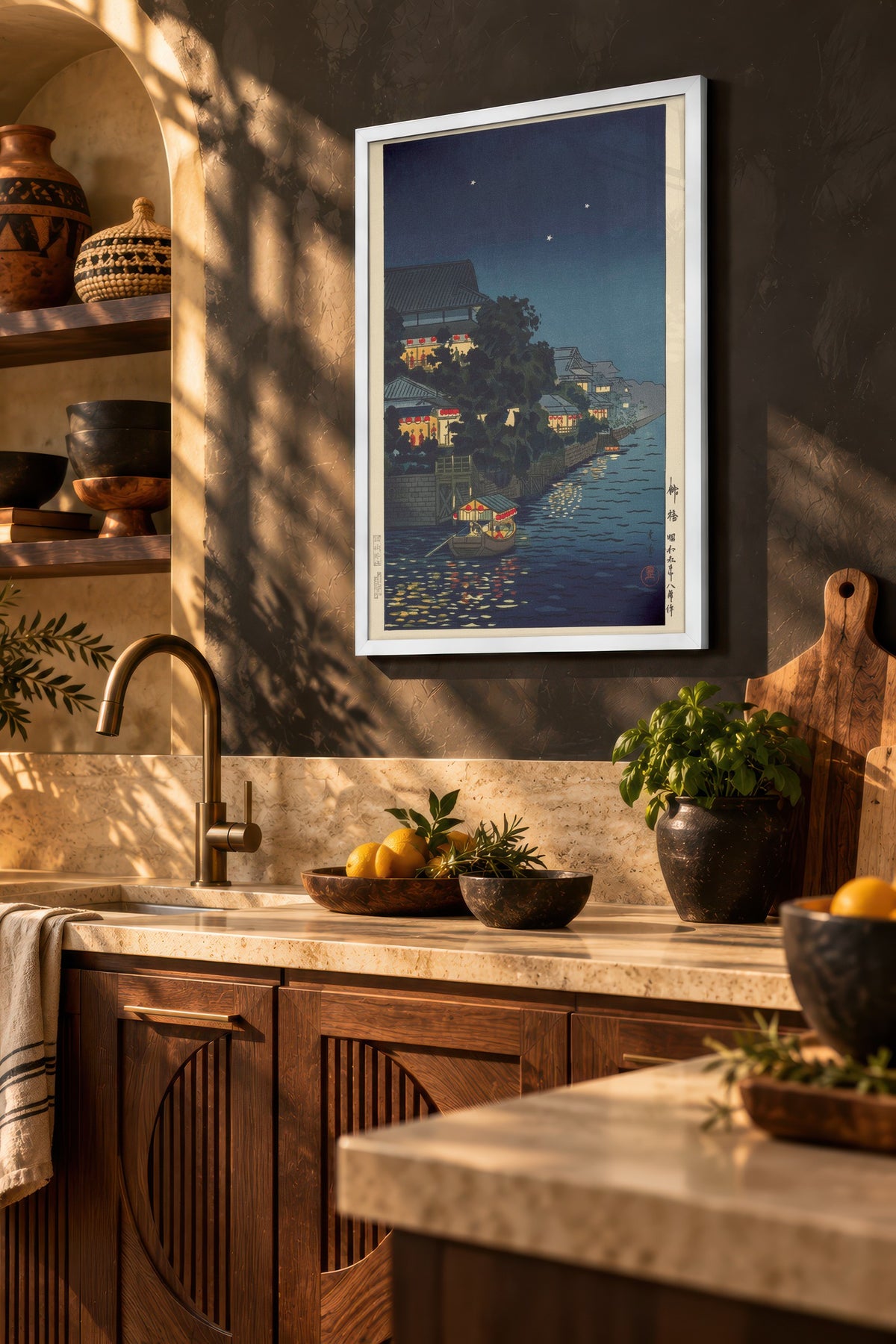 Ay Işığında Kıyı Kasabası Poster – Beyaz Çerçeveli Tablo