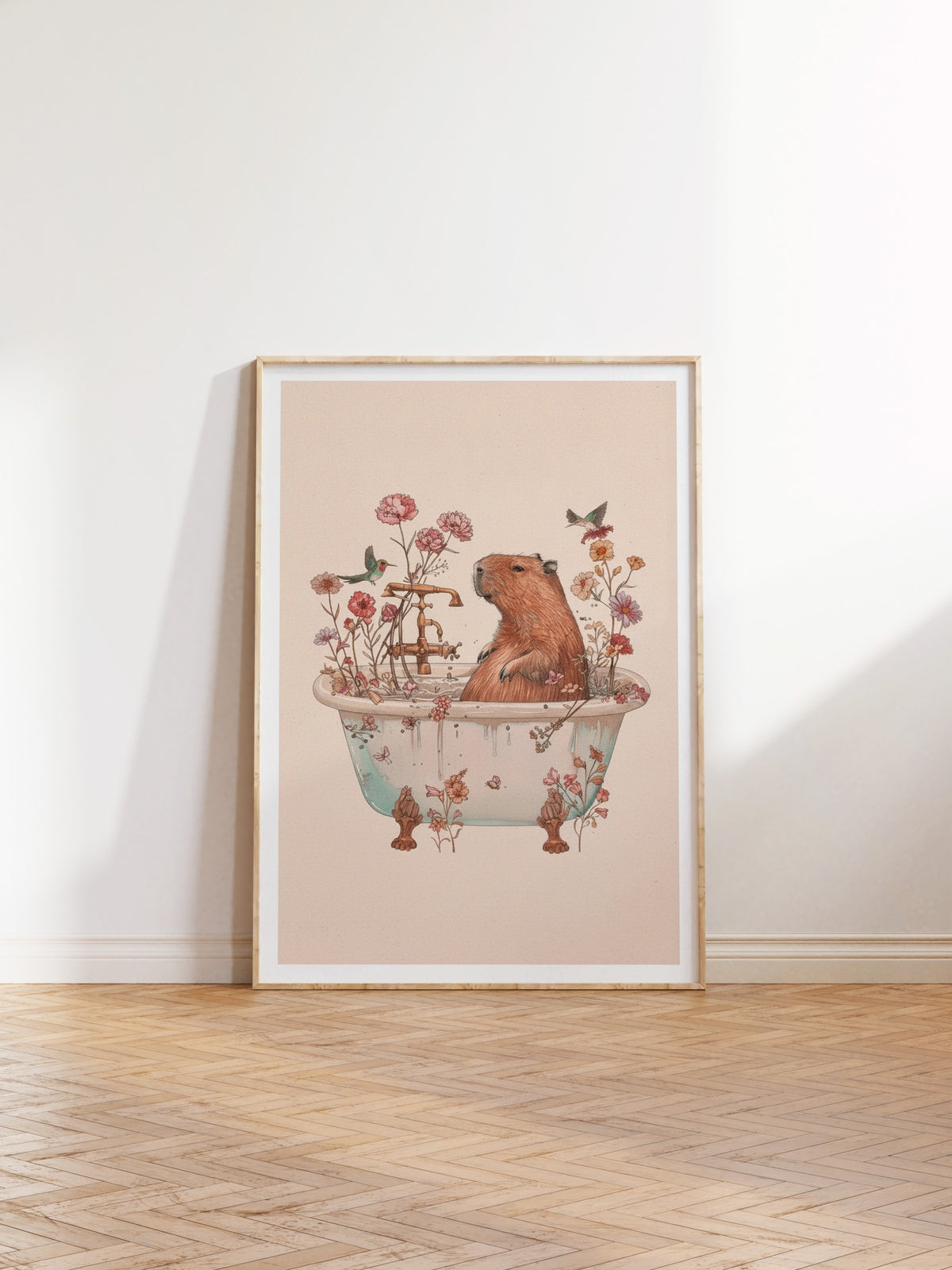 Çiçekli Küvette Kapibara Poster – Ahşap Çerçeveli Tablo