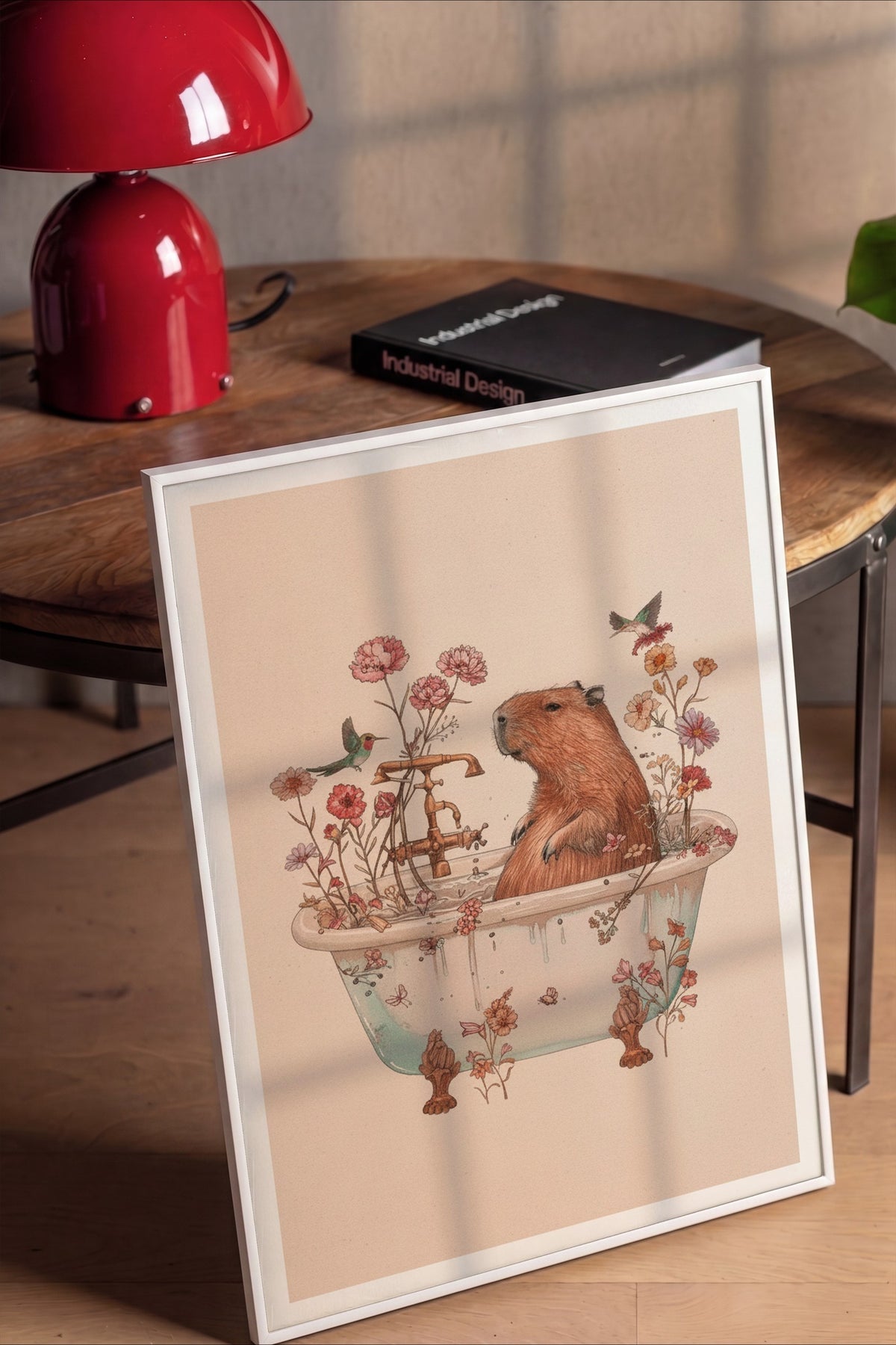 Çiçekli Küvette Kapibara Poster – Beyaz Çerçeveli Tablo
