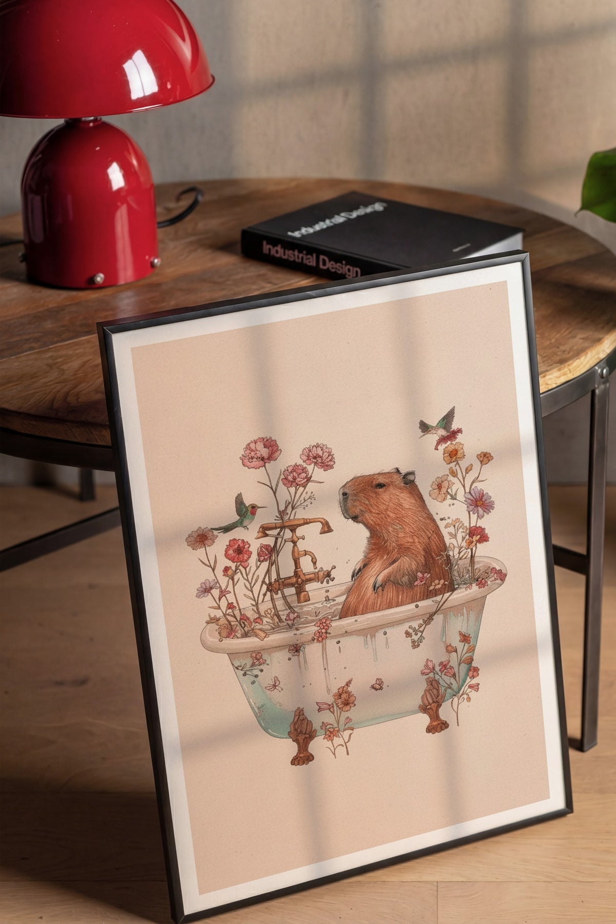 Çiçekli Küvette Kapibara Poster – Siyah Çerçeveli Tablo