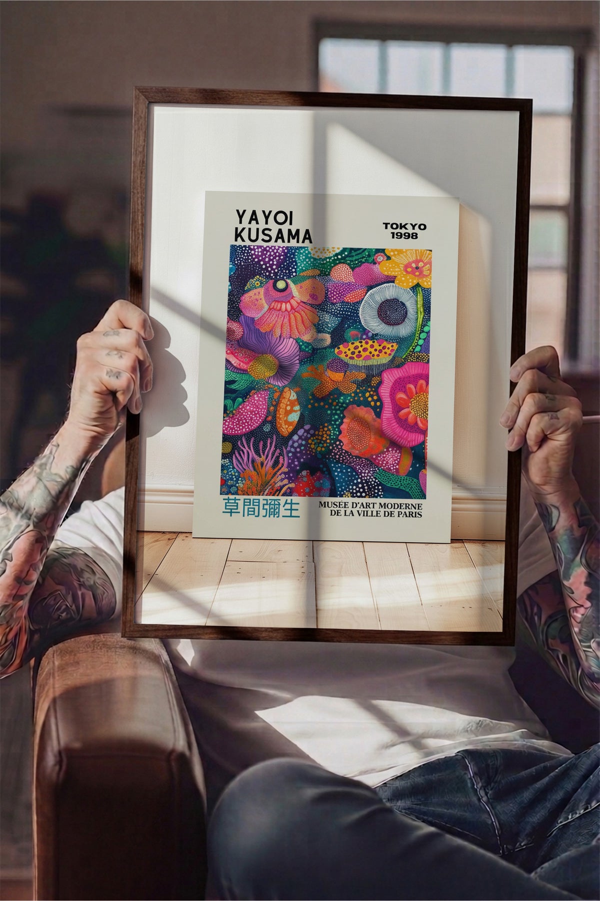 Renkli Çiçek Bahçesi Kompozisyonu Poster – Kahverengi Çerçeveli Tablo