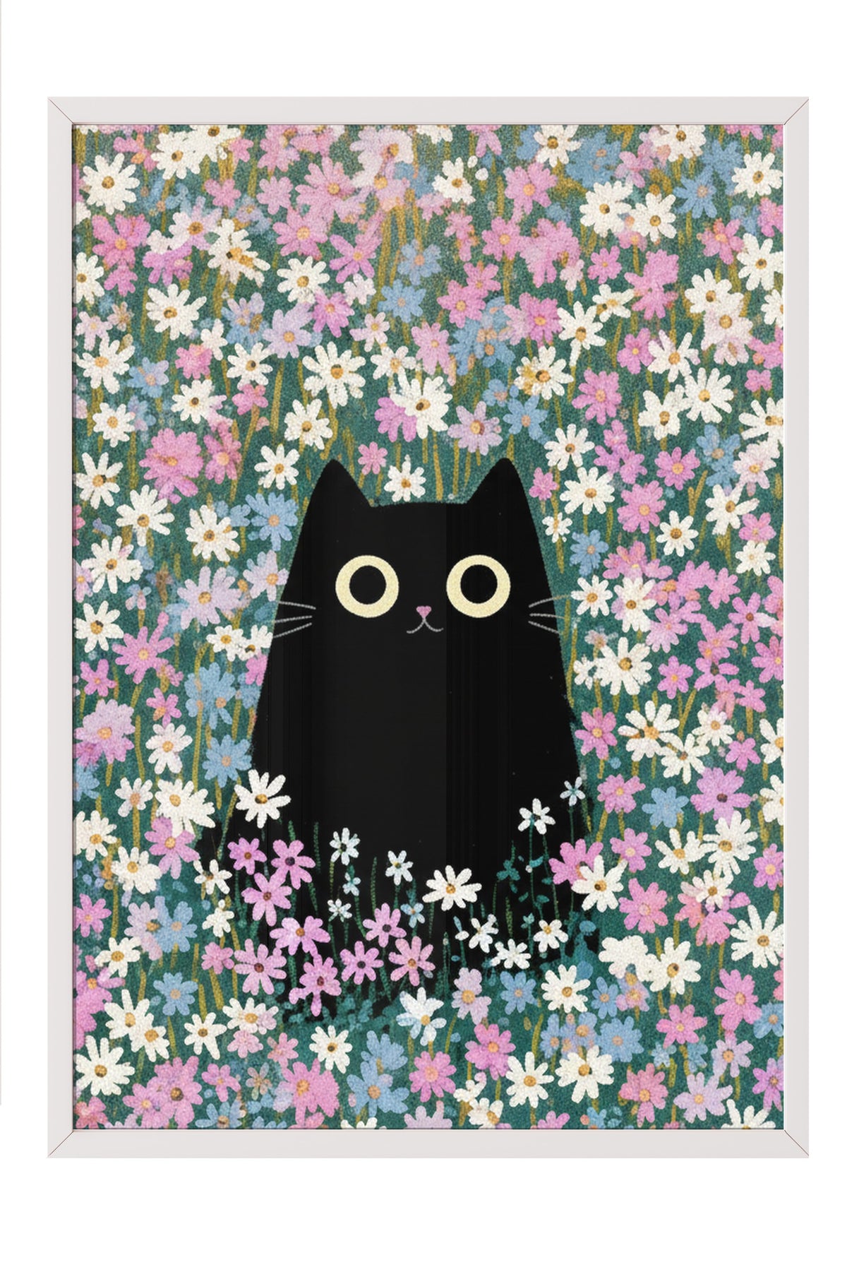 Papatya Bahçesinde Kedi Poster – Beyaz Çerçeveli Tablo