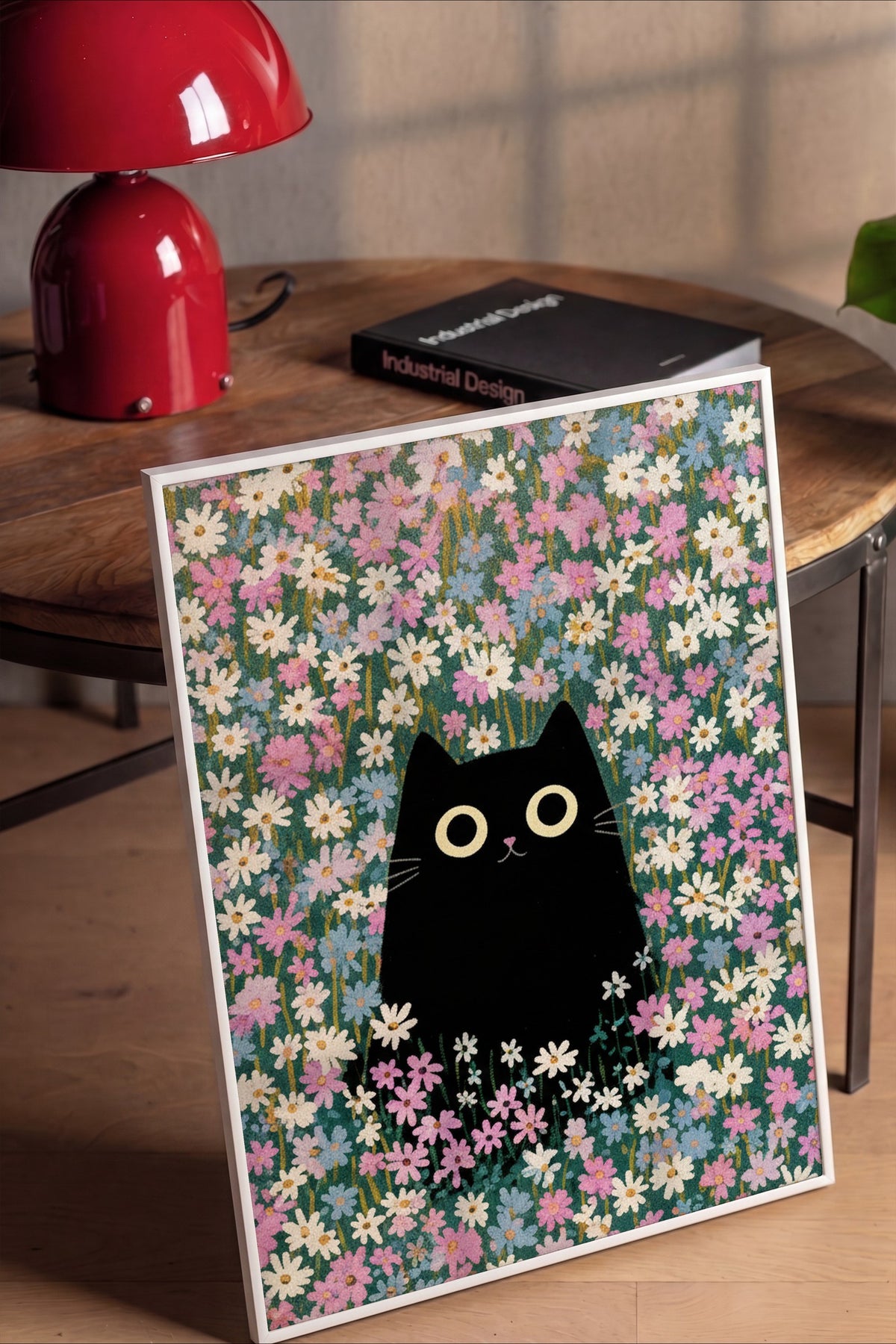 Papatya Bahçesinde Kedi Poster – Beyaz Çerçeveli Tablo