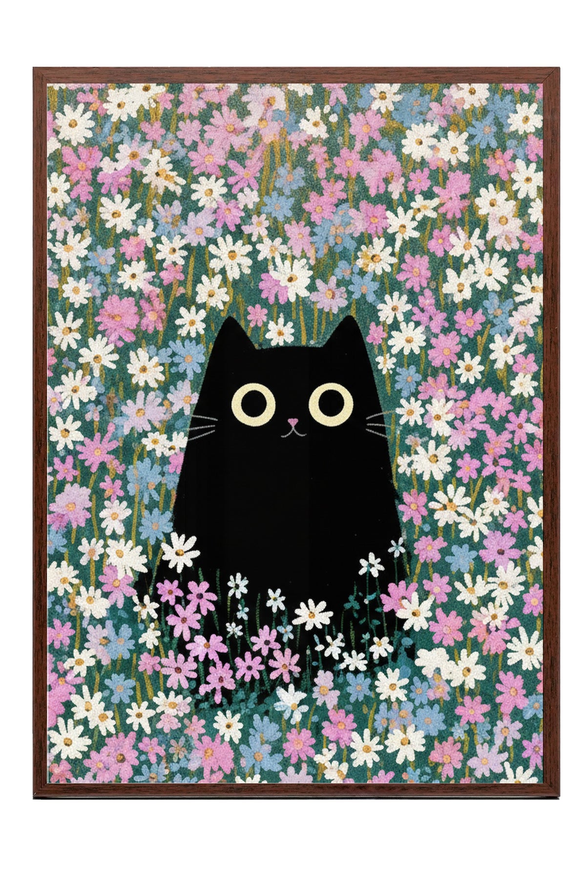 Papatya Bahçesinde Kedi Poster – Kahverengi Çerçeveli Tablo