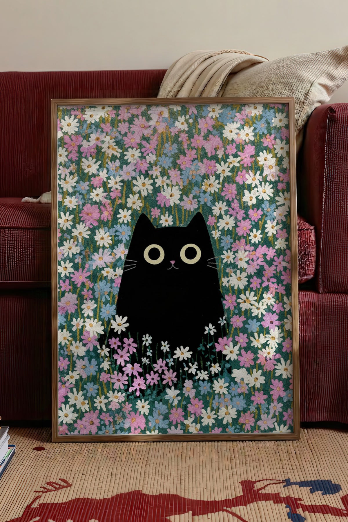 Papatya Bahçesinde Kedi Poster – Kahverengi Çerçeveli Tablo