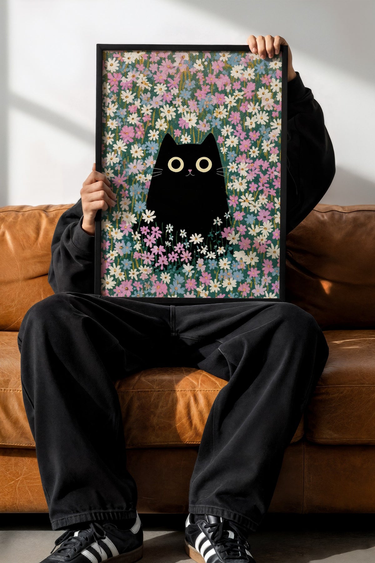 Papatya Bahçesinde Kedi Poster – Siyah Çerçeveli Tablo