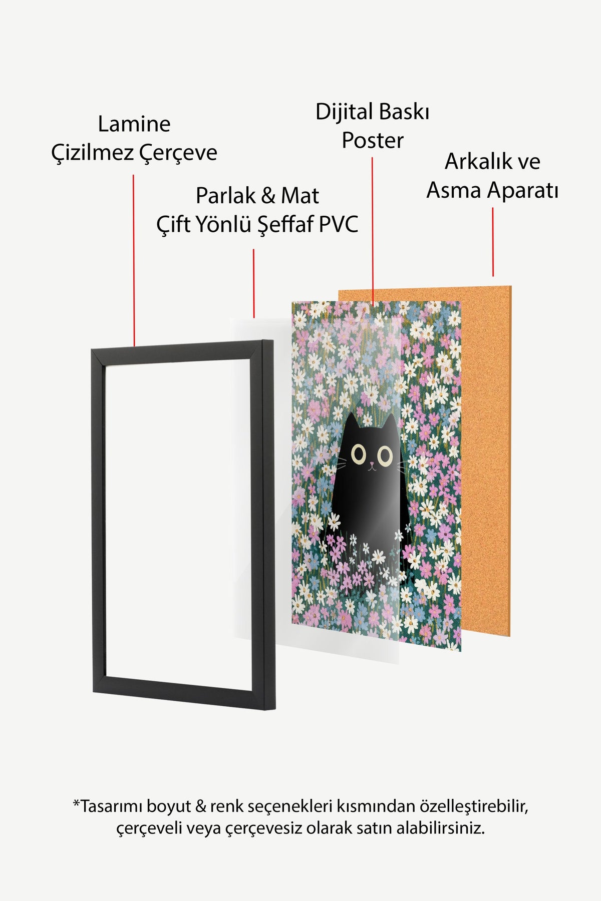 Papatya Bahçesinde Kedi Poster – Siyah Çerçeveli Tablo
