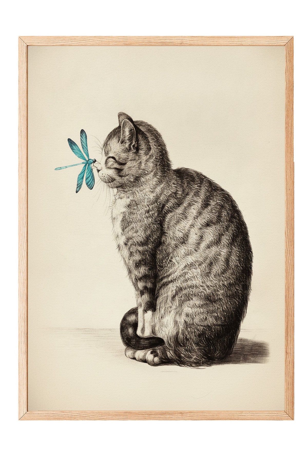 Yusufçuklu Yavru Kedi Çizimi Poster – Ahşap Çerçeveli Tablo
