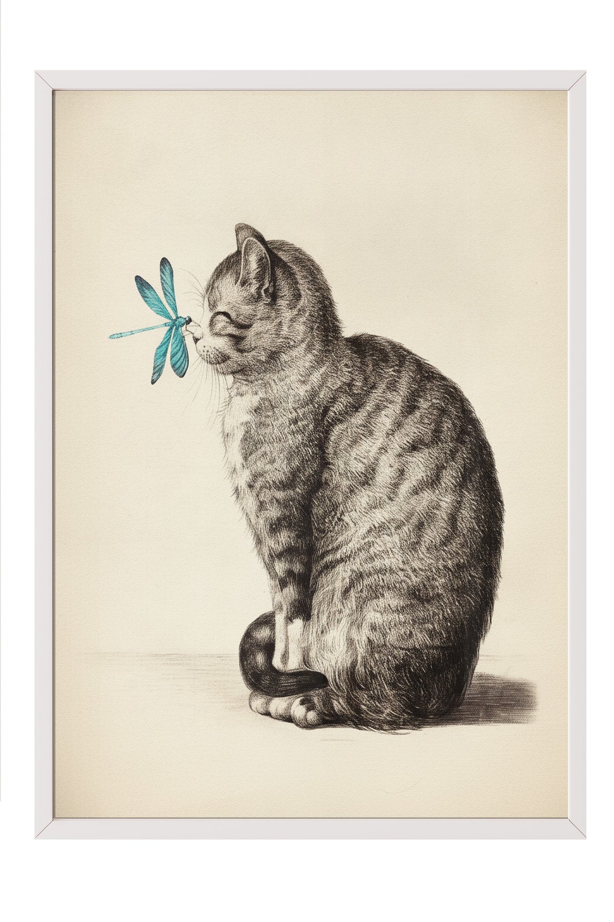 Yusufçuklu Yavru Kedi Çizimi Poster – Beyaz Çerçeveli Tablo