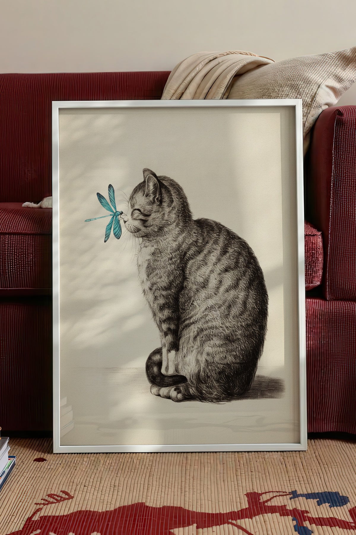 Yusufçuklu Yavru Kedi Çizimi Poster – Beyaz Çerçeveli Tablo