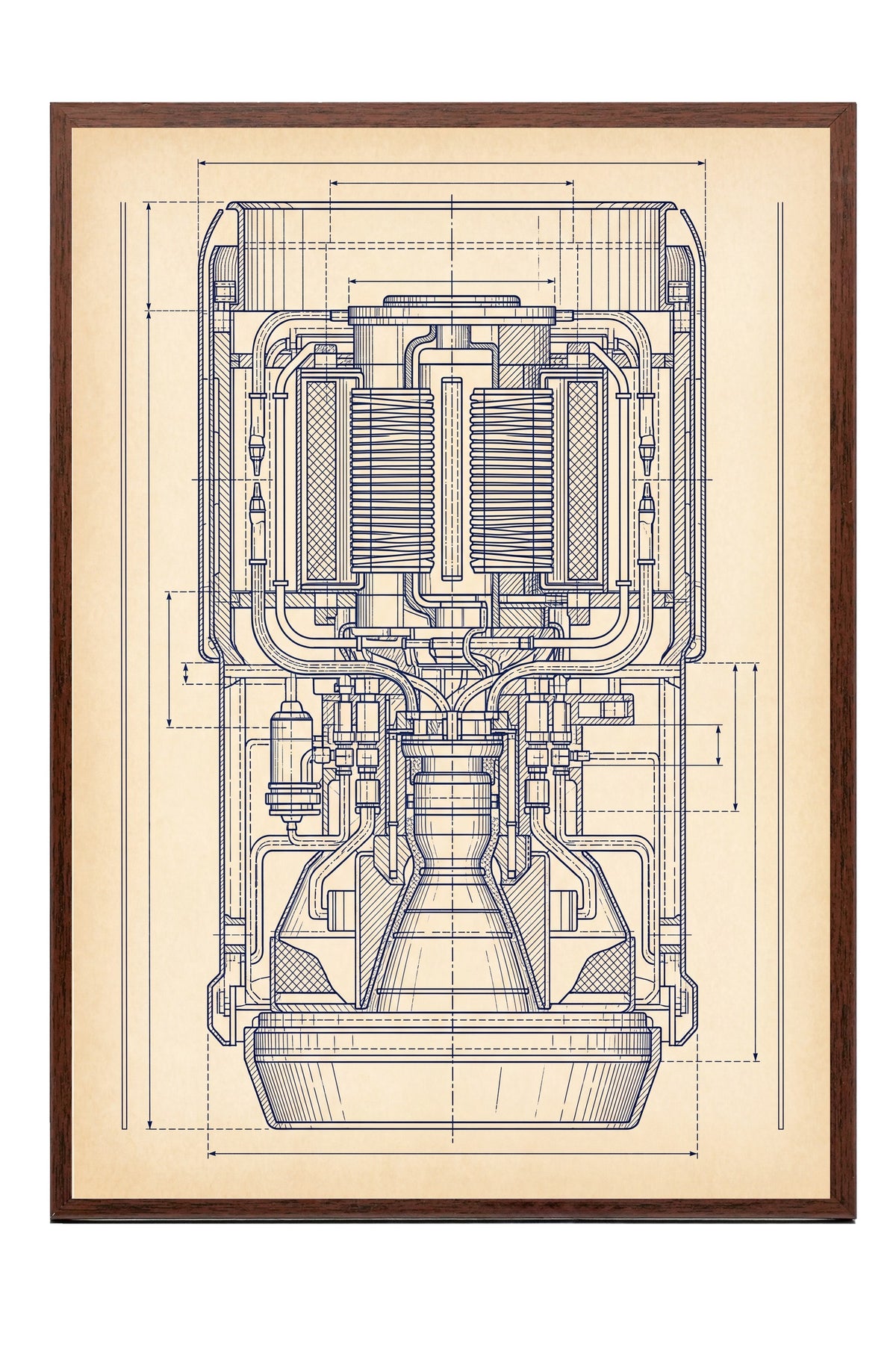 Roket Motoru Teknik Şeması Poster – Kahverengi Çerçeveli Tablo