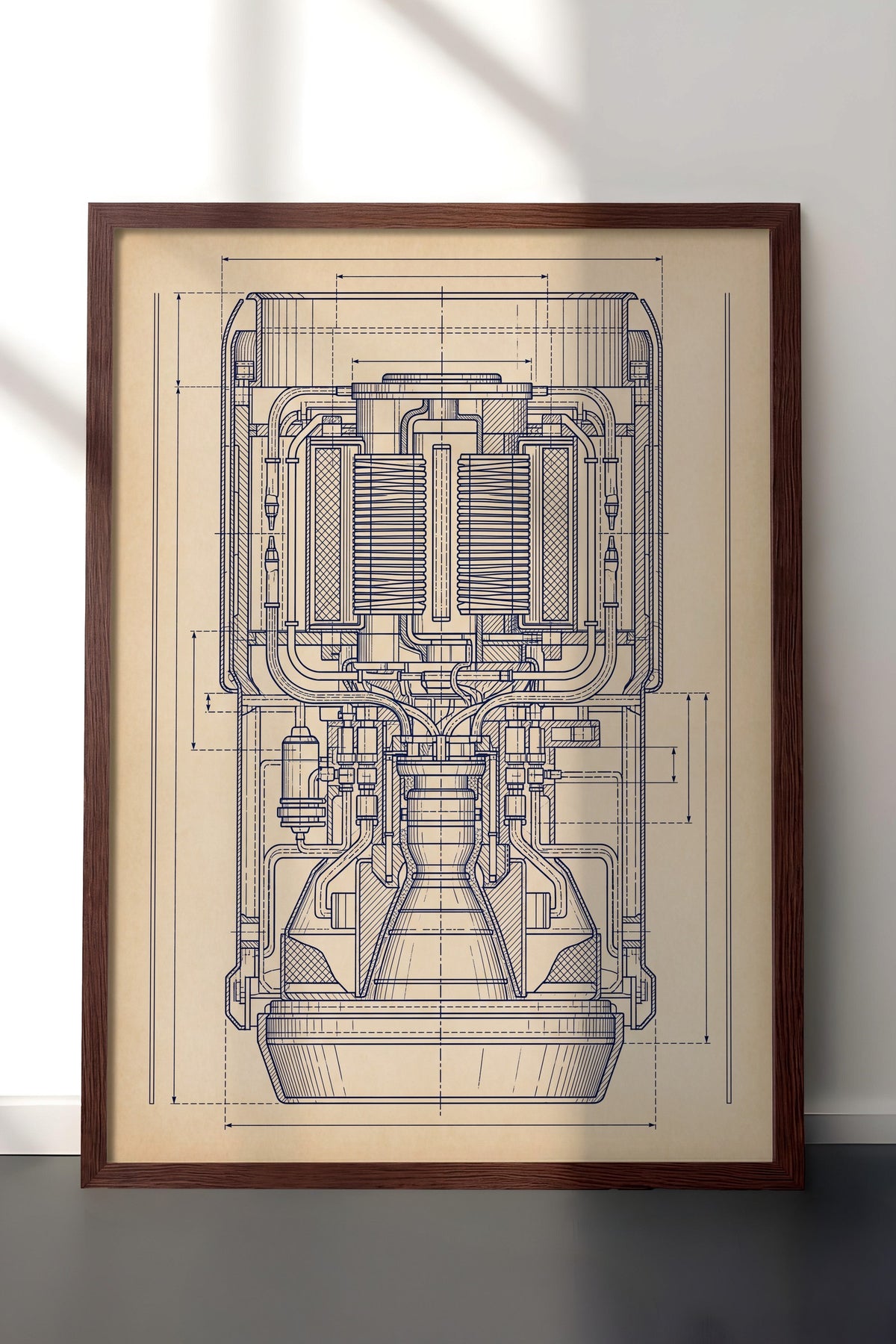Roket Motoru Teknik Şeması Poster – Kahverengi Çerçeveli Tablo
