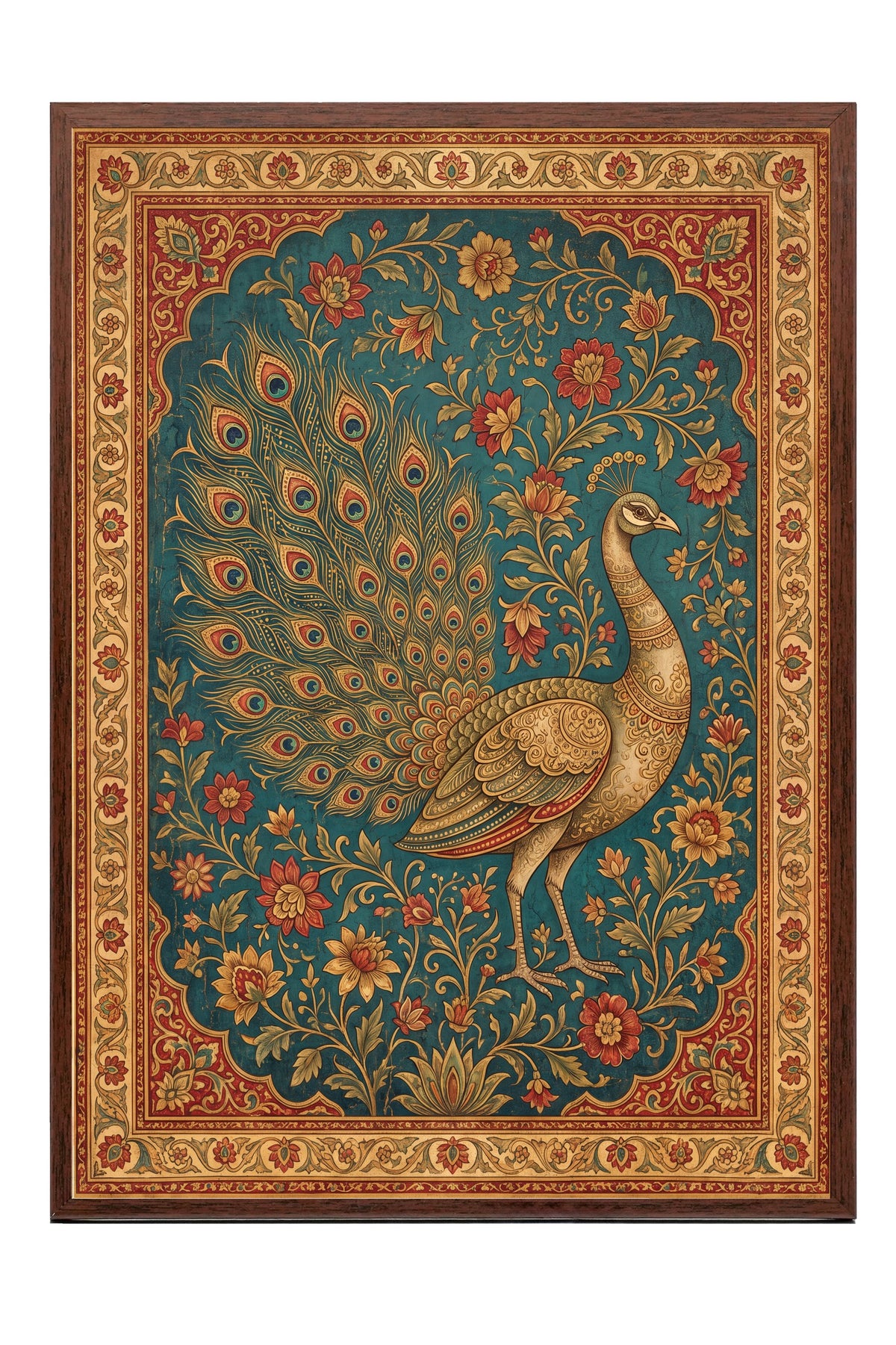 Süslemeli Tavus Kuşu Deseni Poster – Kahverengi Çerçeveli Tablo