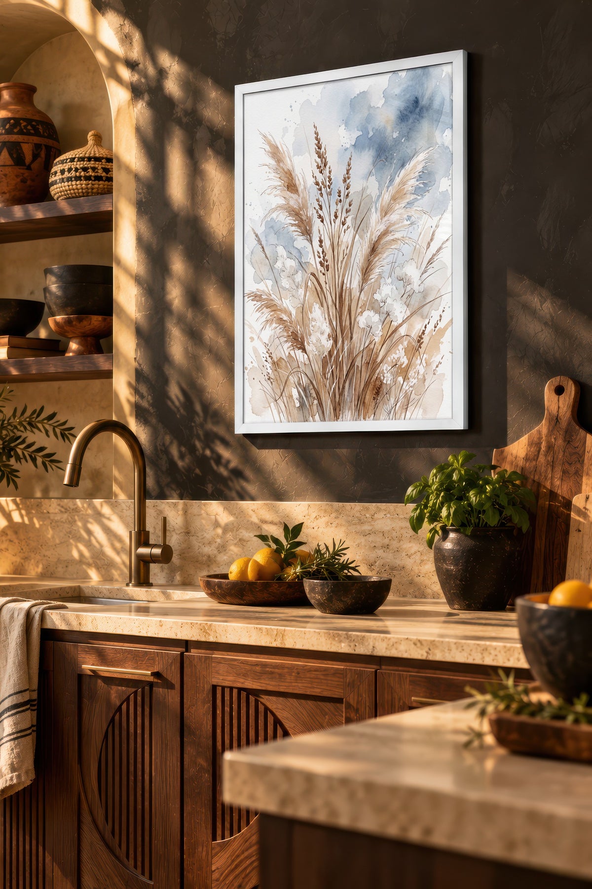 Kuru Otlar ve Pampas Rüzgarı Poster – Beyaz Çerçeveli Tablo