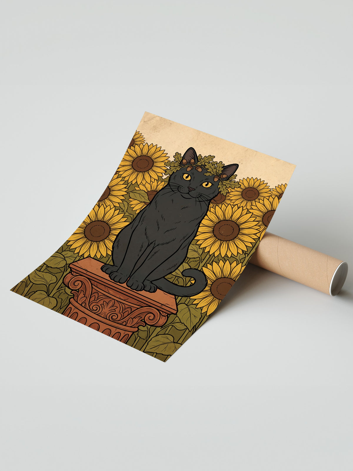 Ayçiçeği Bahçesinde Taç Takan Kedi Çerçevesiz Poster