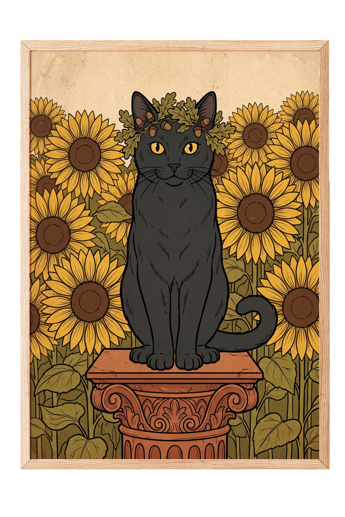 Ayçiçeği Bahçesinde Taç Takan Kedi Poster – Ahşap Çerçeveli Tablo