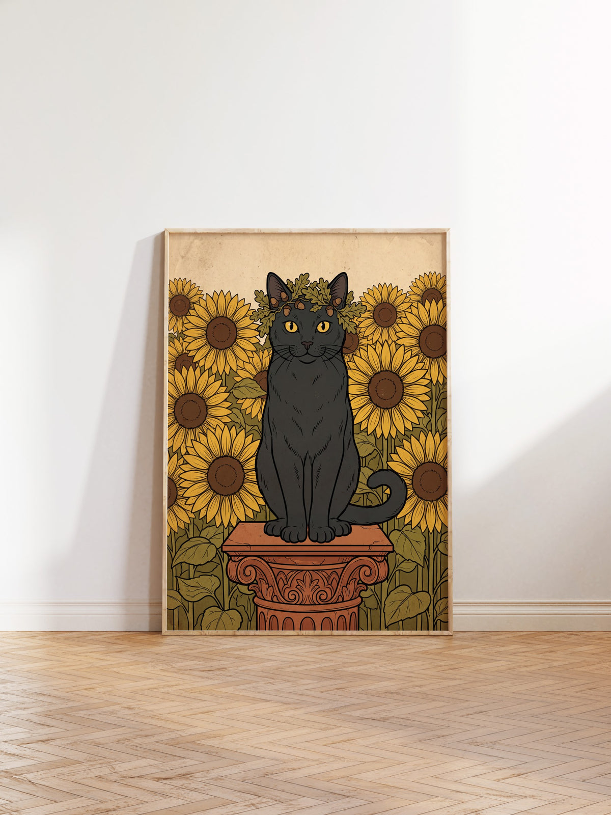 Ayçiçeği Bahçesinde Taç Takan Kedi Poster – Ahşap Çerçeveli Tablo