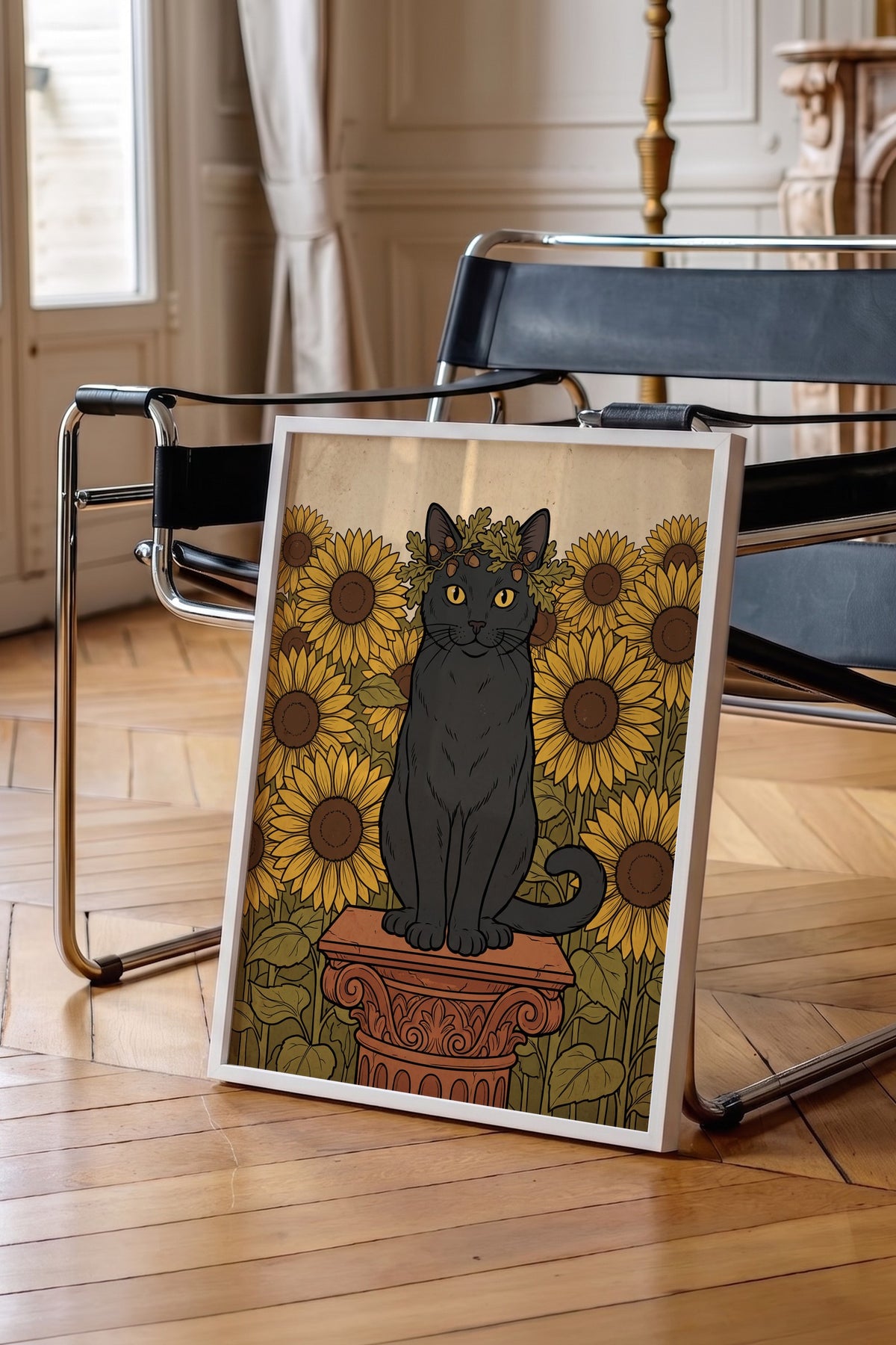Ayçiçeği Bahçesinde Taç Takan Kedi Poster – Beyaz Çerçeveli Tablo