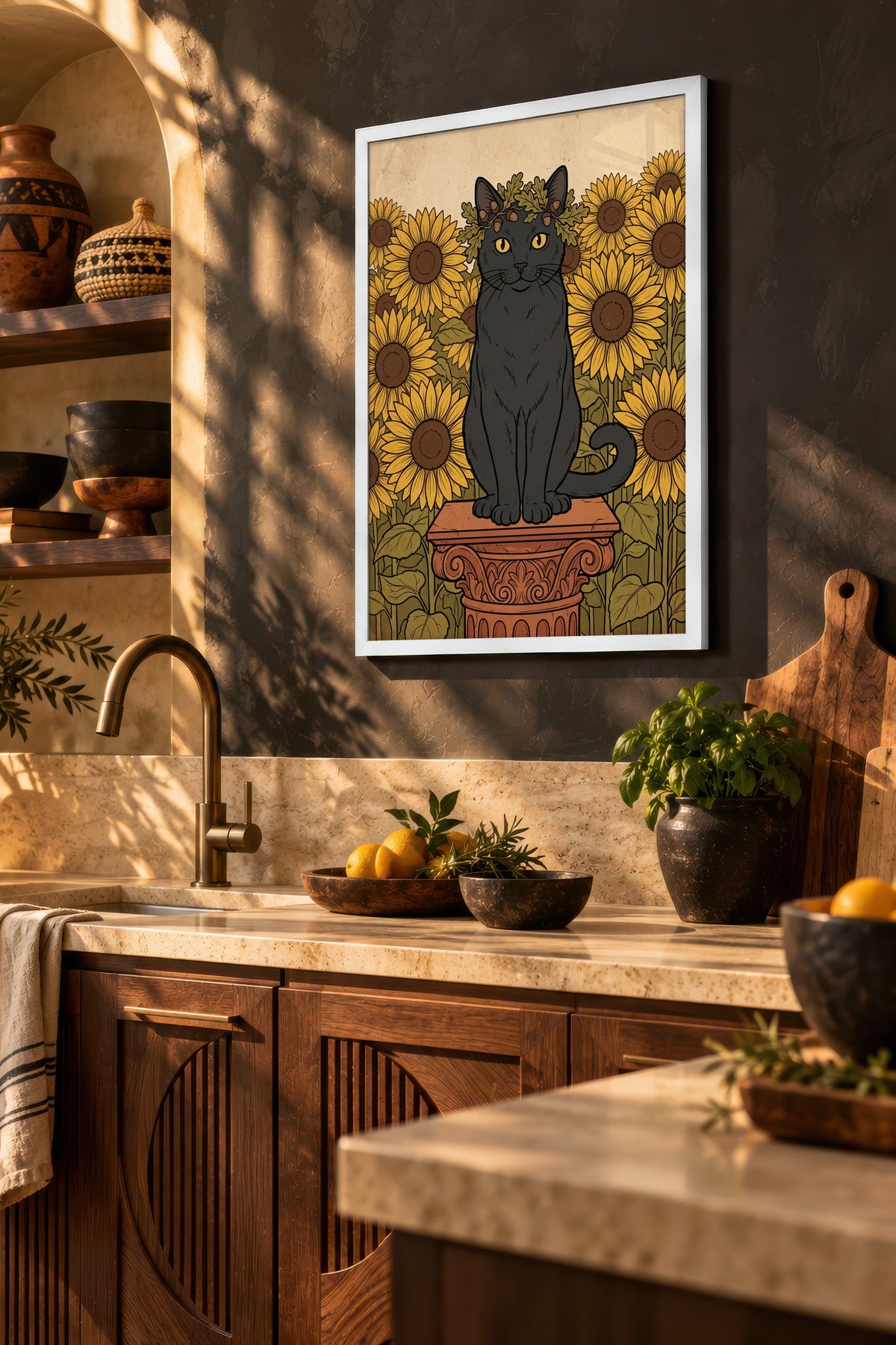 Ayçiçeği Bahçesinde Taç Takan Kedi Poster – Beyaz Çerçeveli Tablo