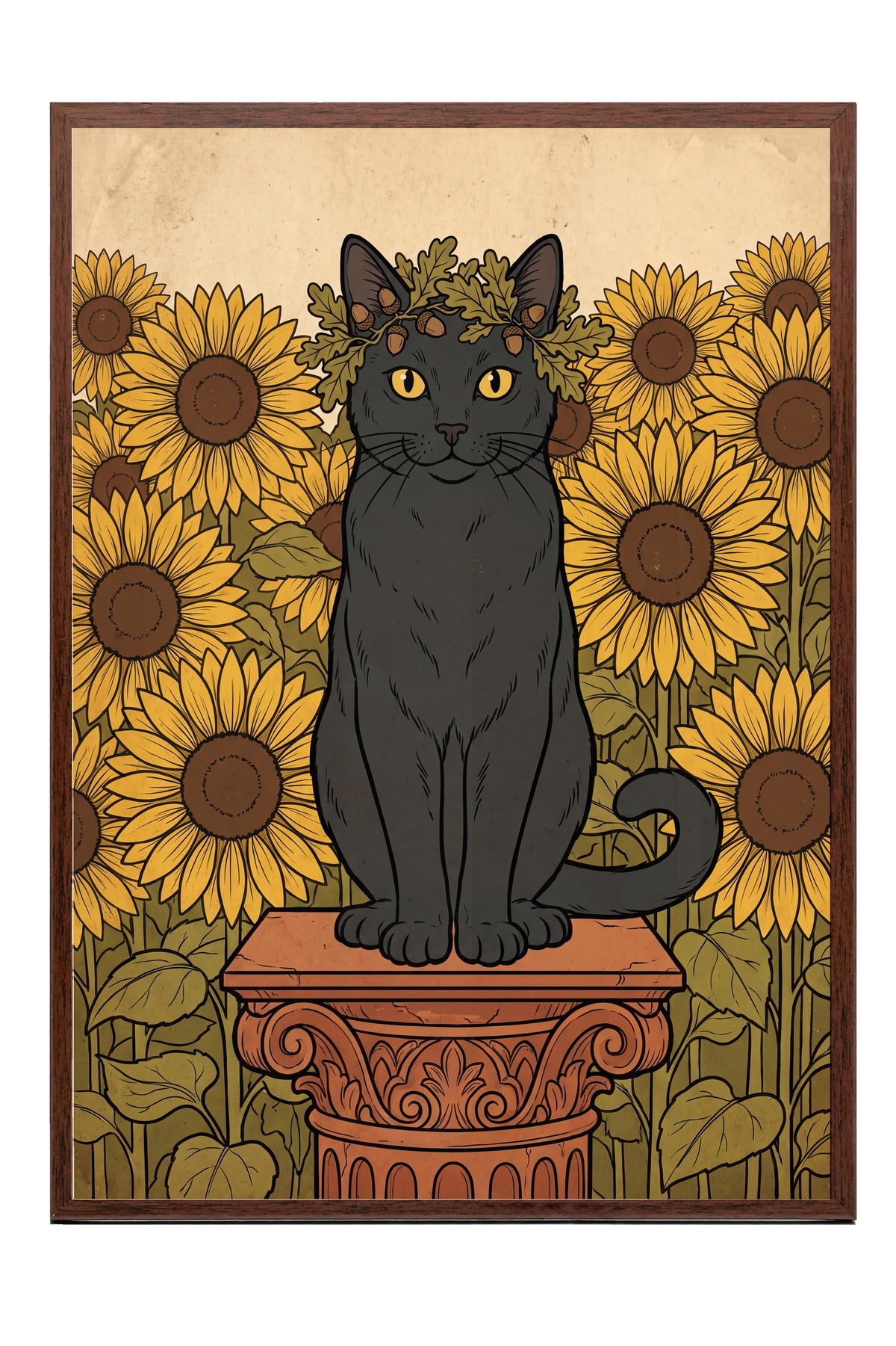 Ayçiçeği Bahçesinde Taç Takan Kedi Poster – Kahverengi Çerçeveli Tablo
