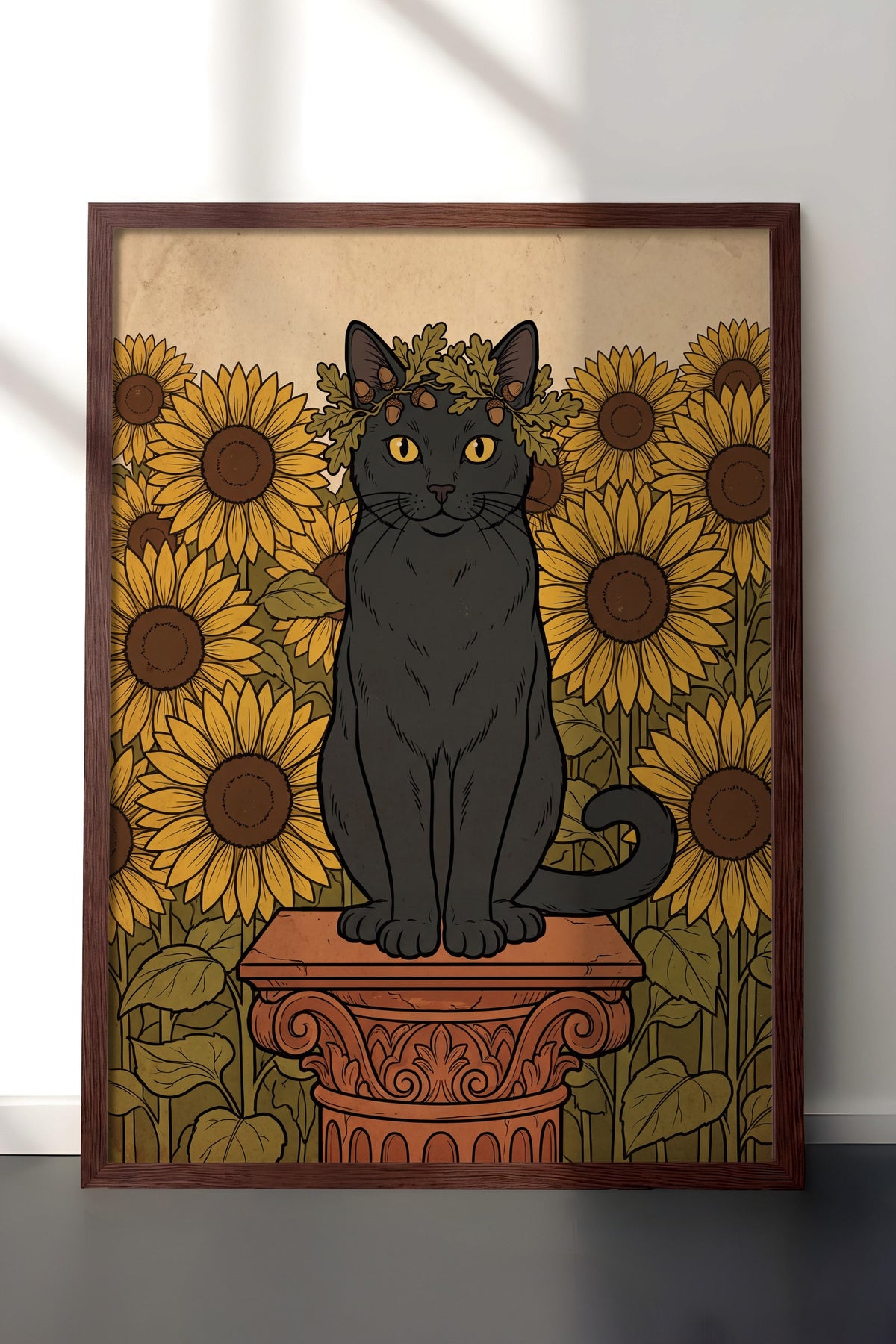 Ayçiçeği Bahçesinde Taç Takan Kedi Poster – Kahverengi Çerçeveli Tablo
