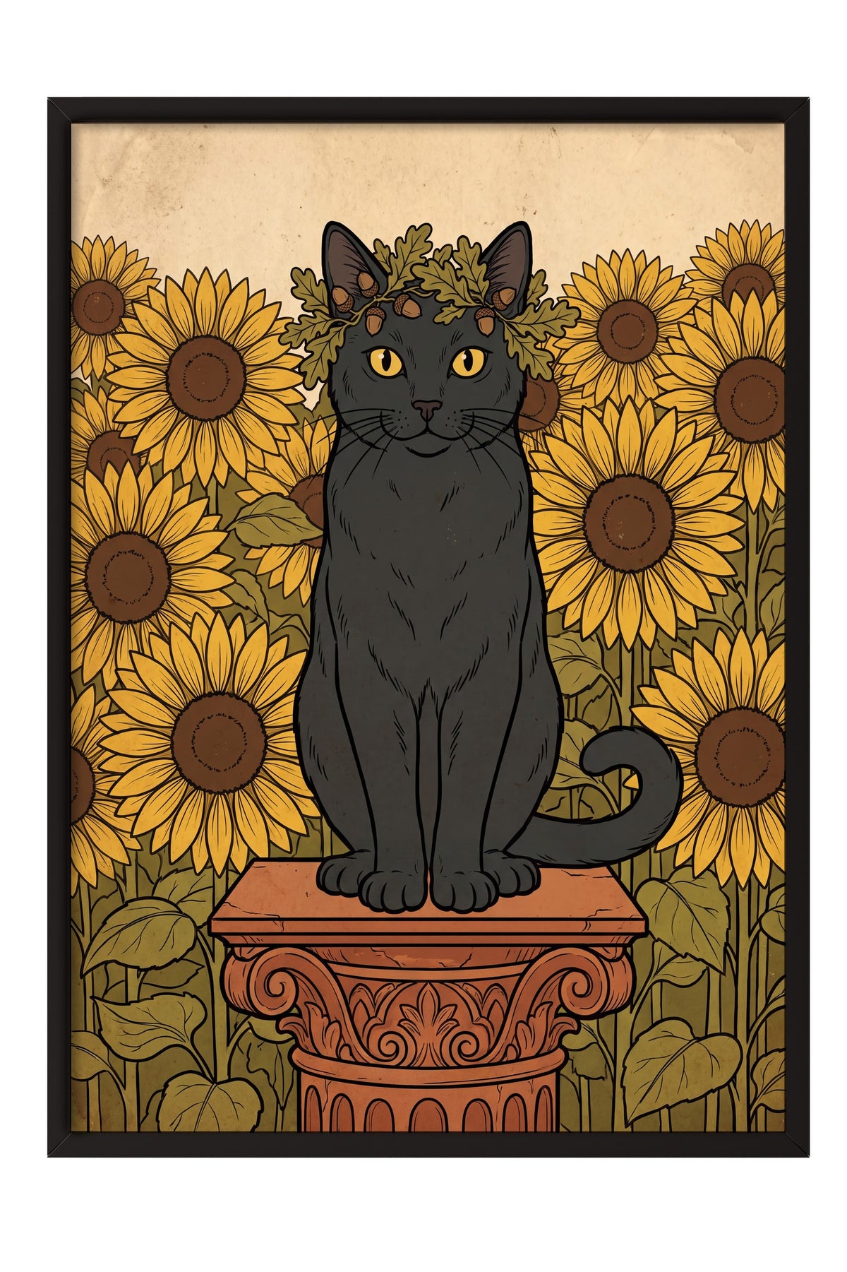 Ayçiçeği Bahçesinde Taç Takan Kedi Poster – Siyah Çerçeveli Tablo