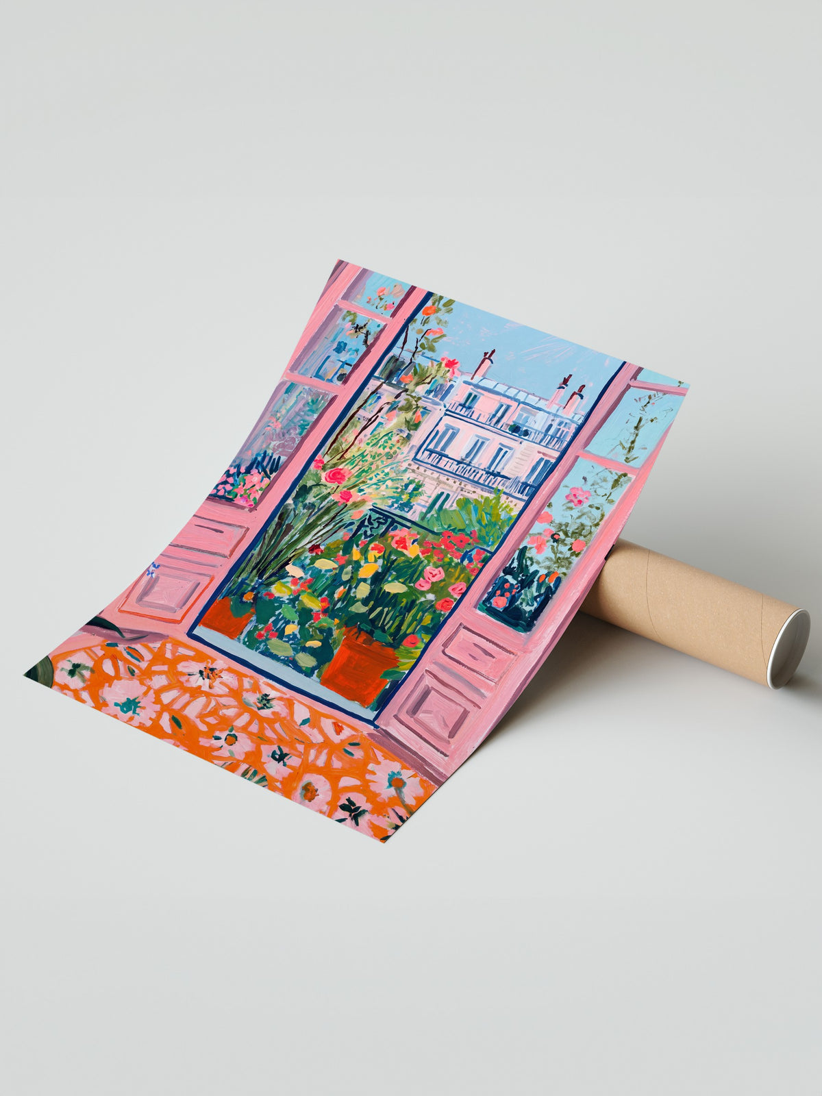 Çiçekli Balkon Manzaralı Pembe Kapılar Çerçevesiz Poster