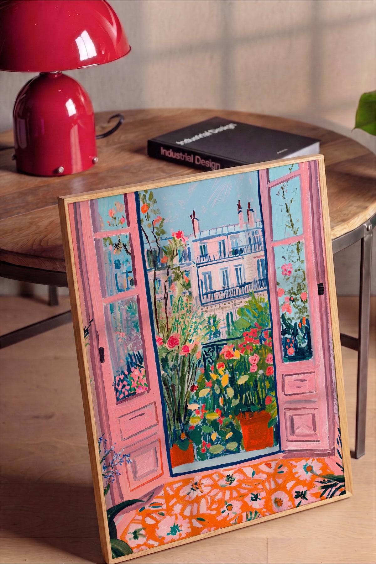 Çiçekli Balkon Manzaralı Pembe Kapılar Poster – Ahşap Çerçeveli Tablo