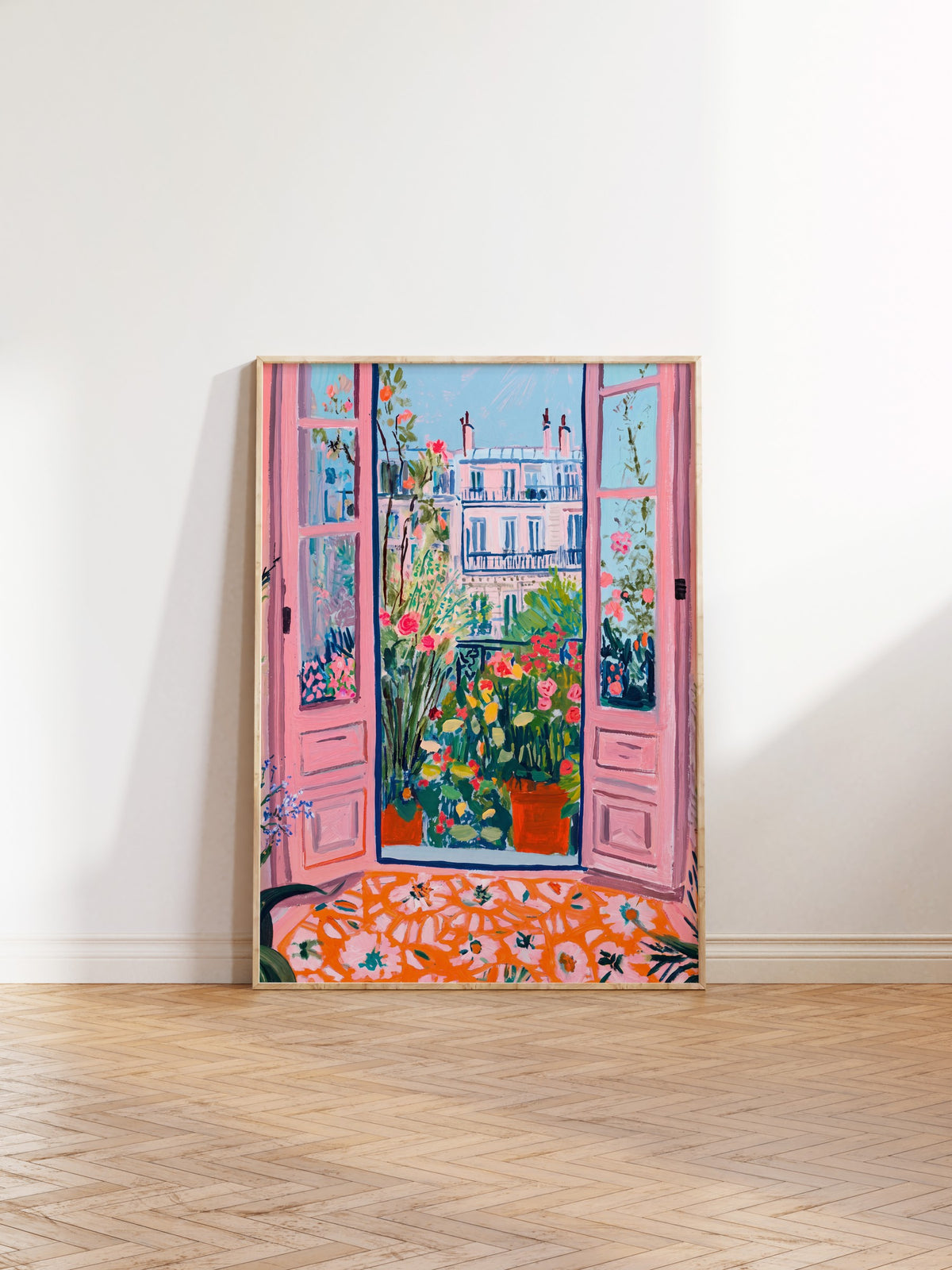 Çiçekli Balkon Manzaralı Pembe Kapılar Poster – Ahşap Çerçeveli Tablo