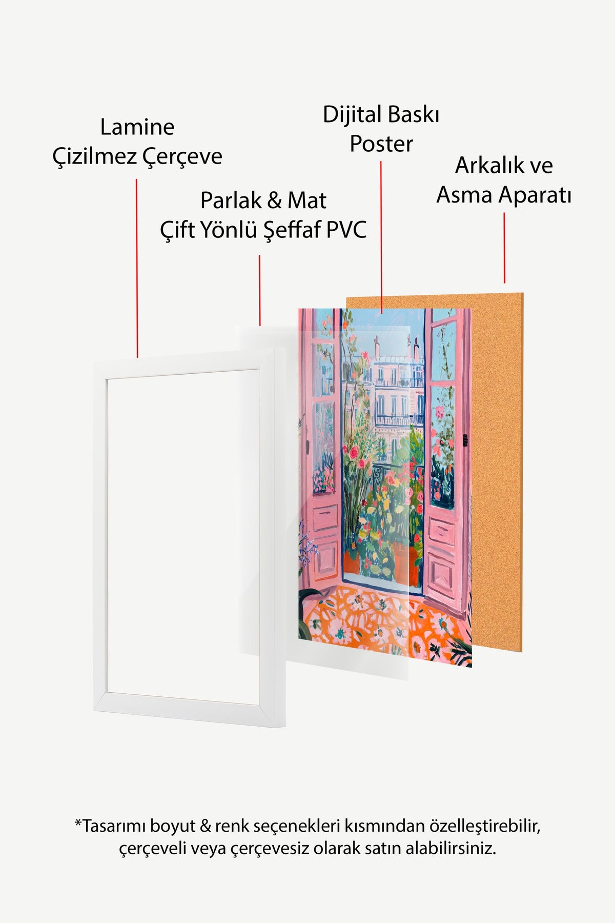 Çiçekli Balkon Manzaralı Pembe Kapılar Poster – Beyaz Çerçeveli Tablo
