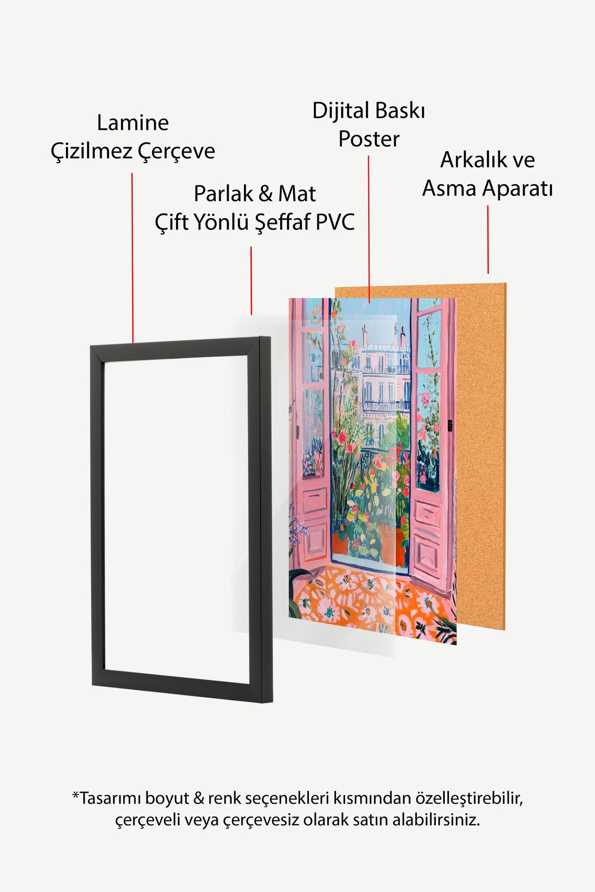 Çiçekli Balkon Manzaralı Pembe Kapılar Poster – Siyah Çerçeveli Tablo