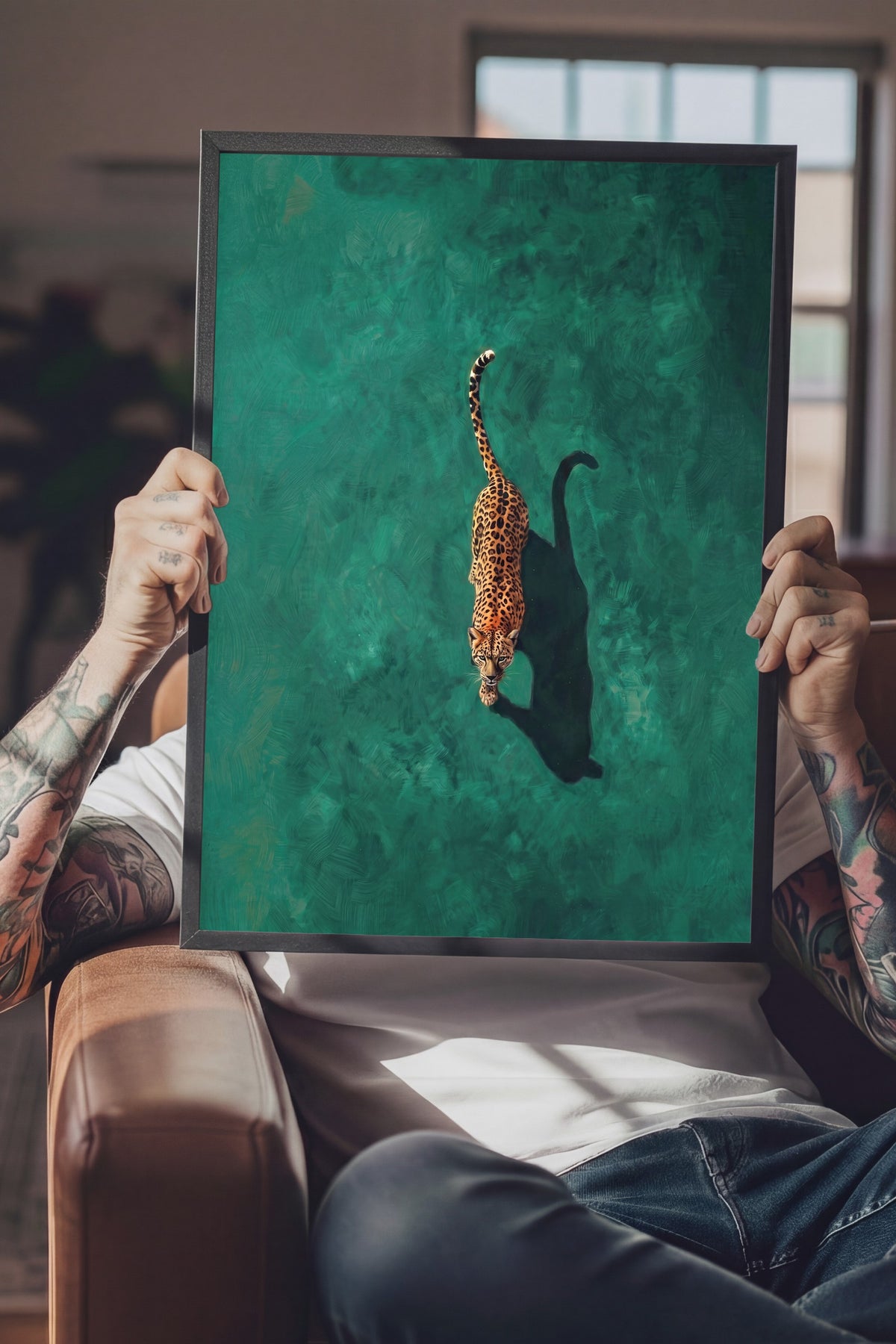 Yeşil Zeminde Yürüyen Leopar Poster – Siyah Çerçeveli Tablo