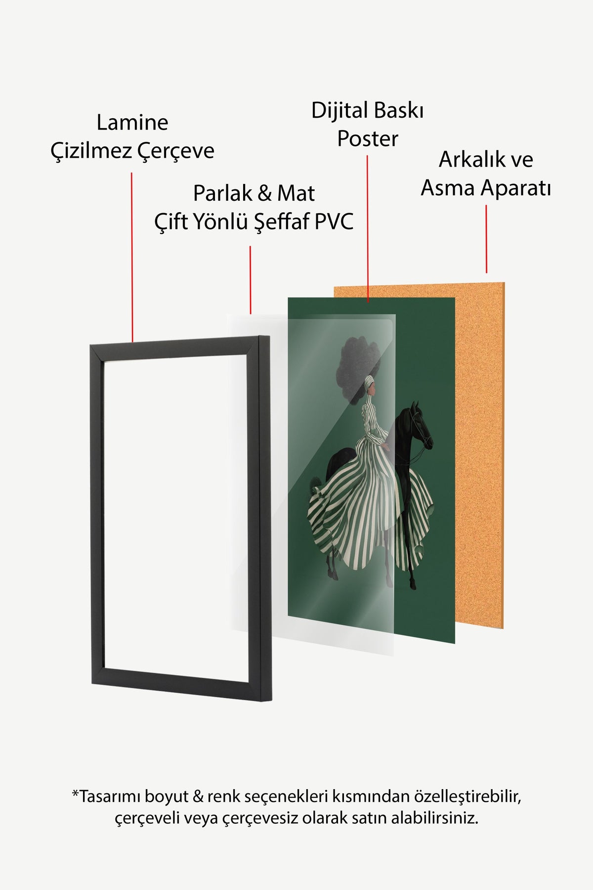 Çizgili Elbiseli Atlı Kadın Poster – Siyah Çerçeveli Tablo